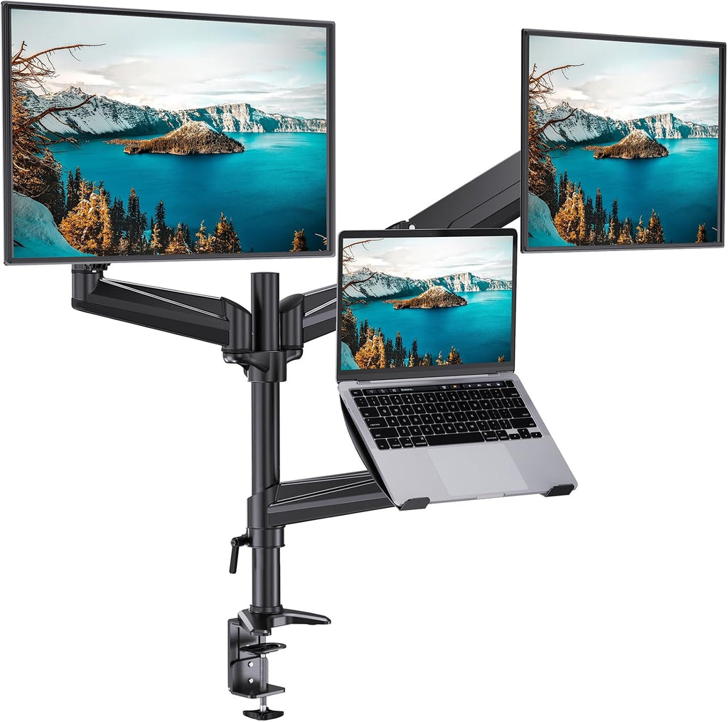 HUANUO Dual Monitor and Laptop Mount for Max 32' Monitor and 17' Laptop, Adjustable Arm with Tilt, Swivel and Rotation, Dual Monitor and Notebook Stand with VESA Bracket 75/100 mm