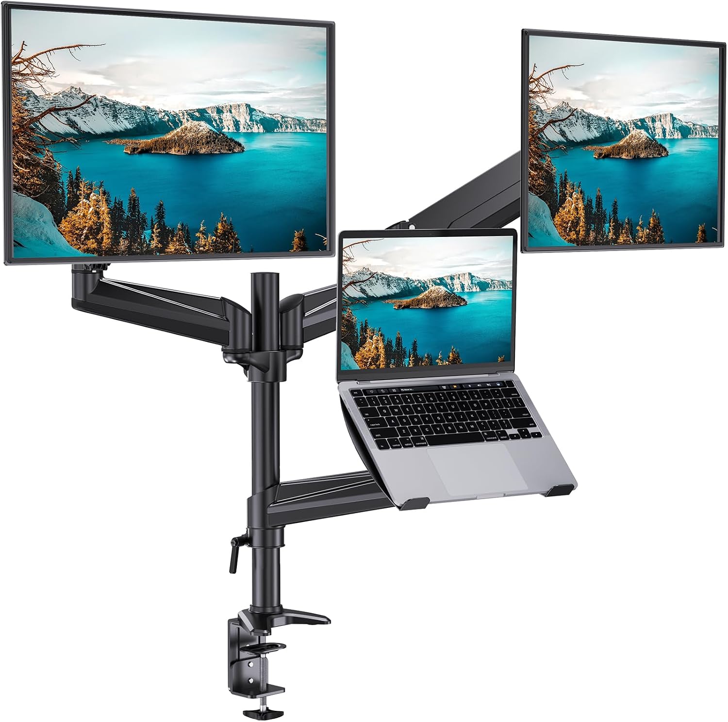 HUANUO Dual Monitor and Laptop Mount for Max 32' Monitor and 17' Laptop, Adjustable Arm with Tilt, Swivel and Rotation, Dual Monitor and Notebook Stand with VESA Bracket 75/100 mm