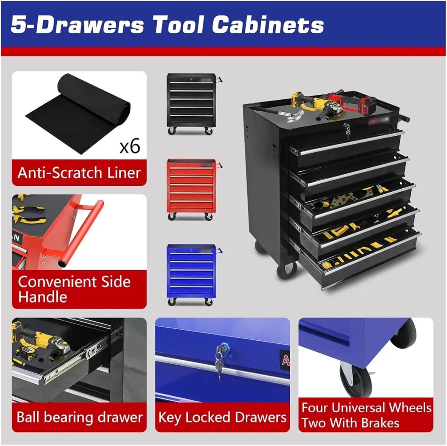 Tool Box 5-Drawers Tool Cabinets On Wheels, Rolling Tool Chest with Drawers, Tool Box with Keyed Locking System, Workshop Tool Storage(Green)