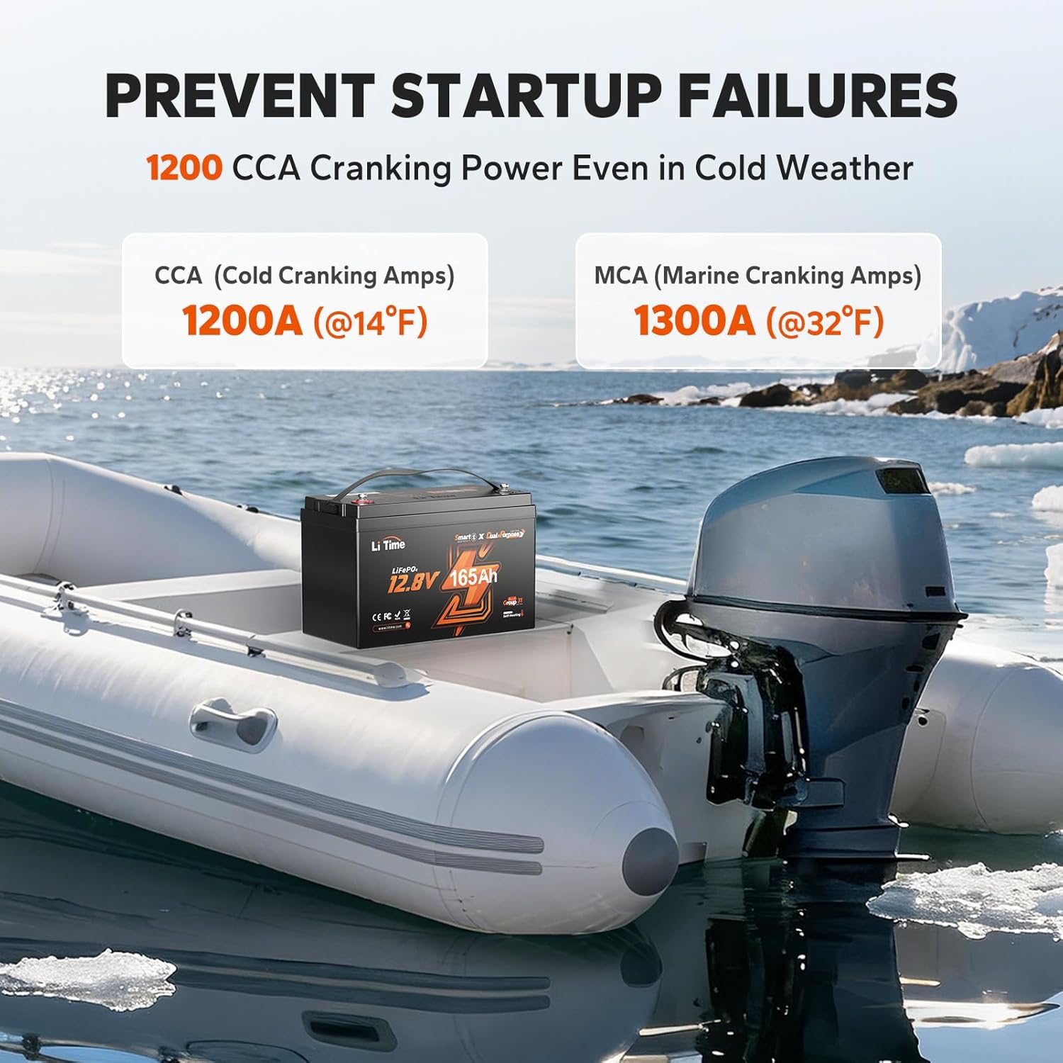 LiTime 12V 165Ah Dual Purpose Lithium Marine Starting & Storage Battery (1200CCA), Group 31 Deep Cycle LiFePO4 Cranking Battery for Boat, Compatible with Yamaha, Mercury, Honda, Suzuki, Evinrude