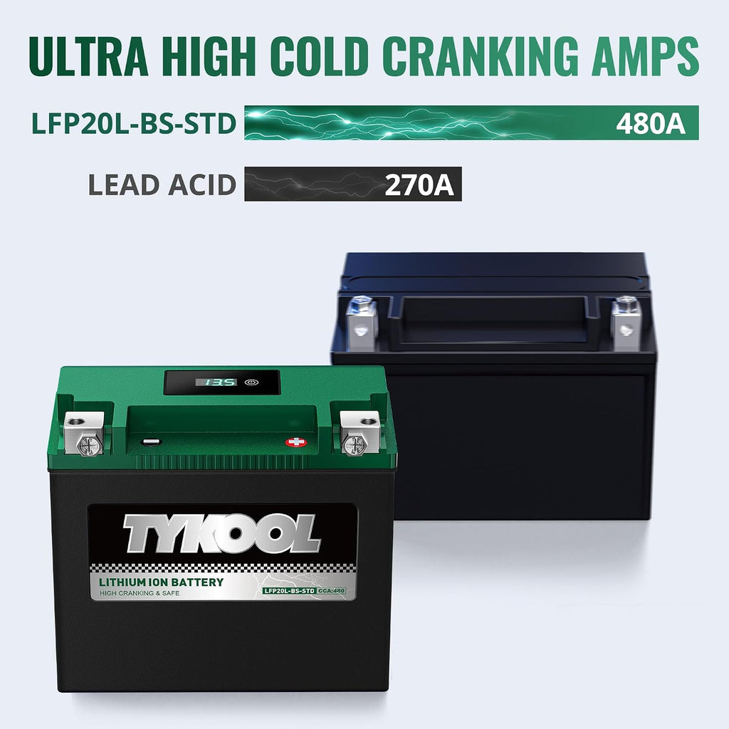 TYKOOL LFP20L-BS-STD Lithium Battery, Replaces YTX20L-BS 65989-97C, 480CCA 8Ah Fits for Motorcycle ATV UTV PWC, Compatible with Harley Davidson Softail Fat Boy V-Rod Heritage Classic, Digital Readout
