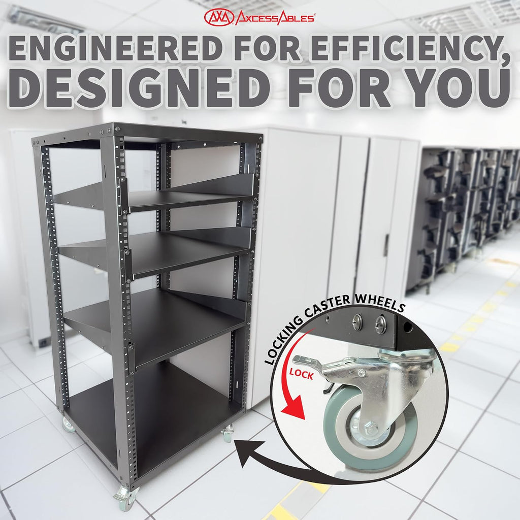 AxcessAbles 22U Open Frame Network & AV Rack with Caster Wheels, Three 2U Shelves, 10-32 & Cage Nut Compatible Rails, Cage Nuts, Screws, Cage Nut Tool & Wall Mount Kit | 19-Inch Equipment Rack