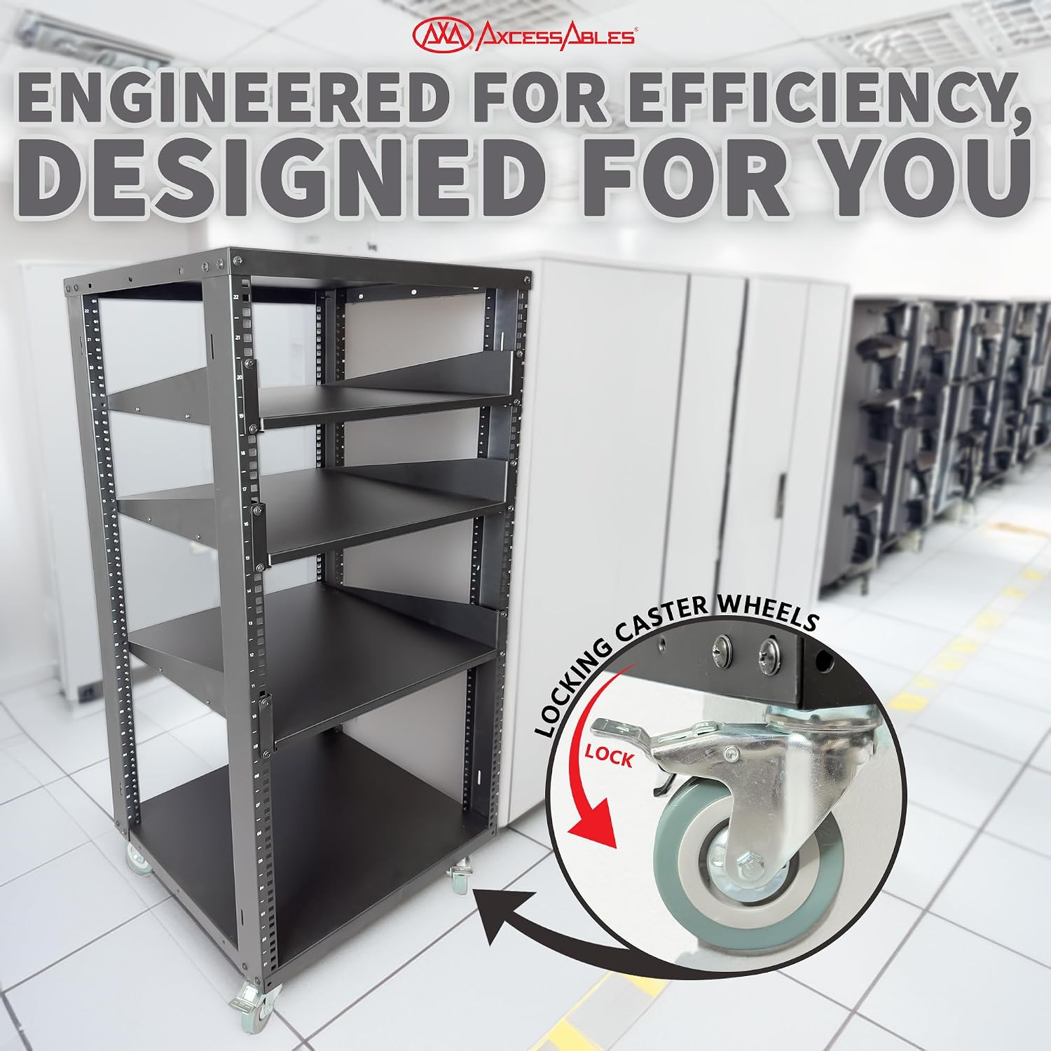 AxcessAbles 22U Open Frame Network & AV Rack with Caster Wheels, Three 2U Shelves, 10-32 & Cage Nut Compatible Rails, Cage Nuts, Screws, Cage Nut Tool & Wall Mount Kit | 19-Inch Equipment Rack