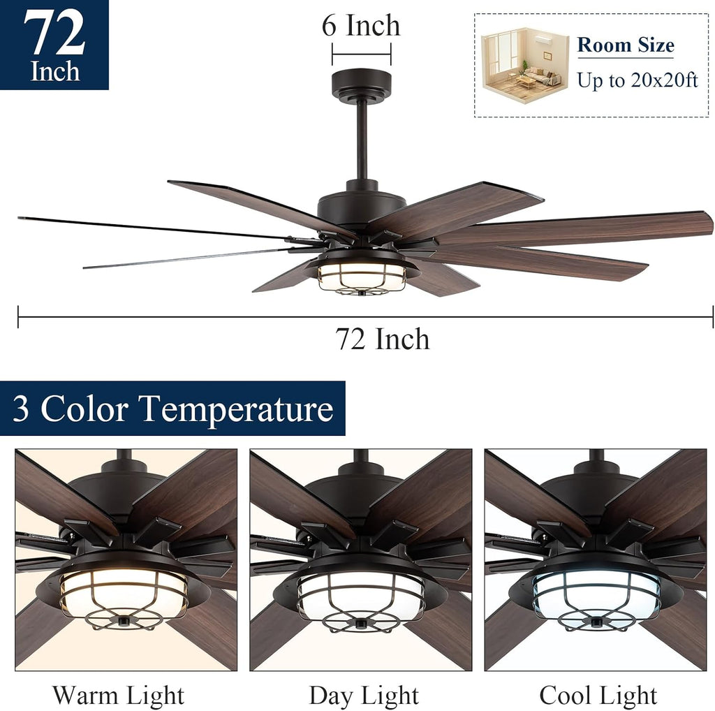 72 Inch Outdoor Ceiling Fan with Light and Remote, Waterproof Patio Ceiling Fans, Black Large Indoor/Outdoor Farmhouse Ceiling Fan for Gazebo Pergola Porch, 3CCT Dimmable LED, Reversible DC Motor