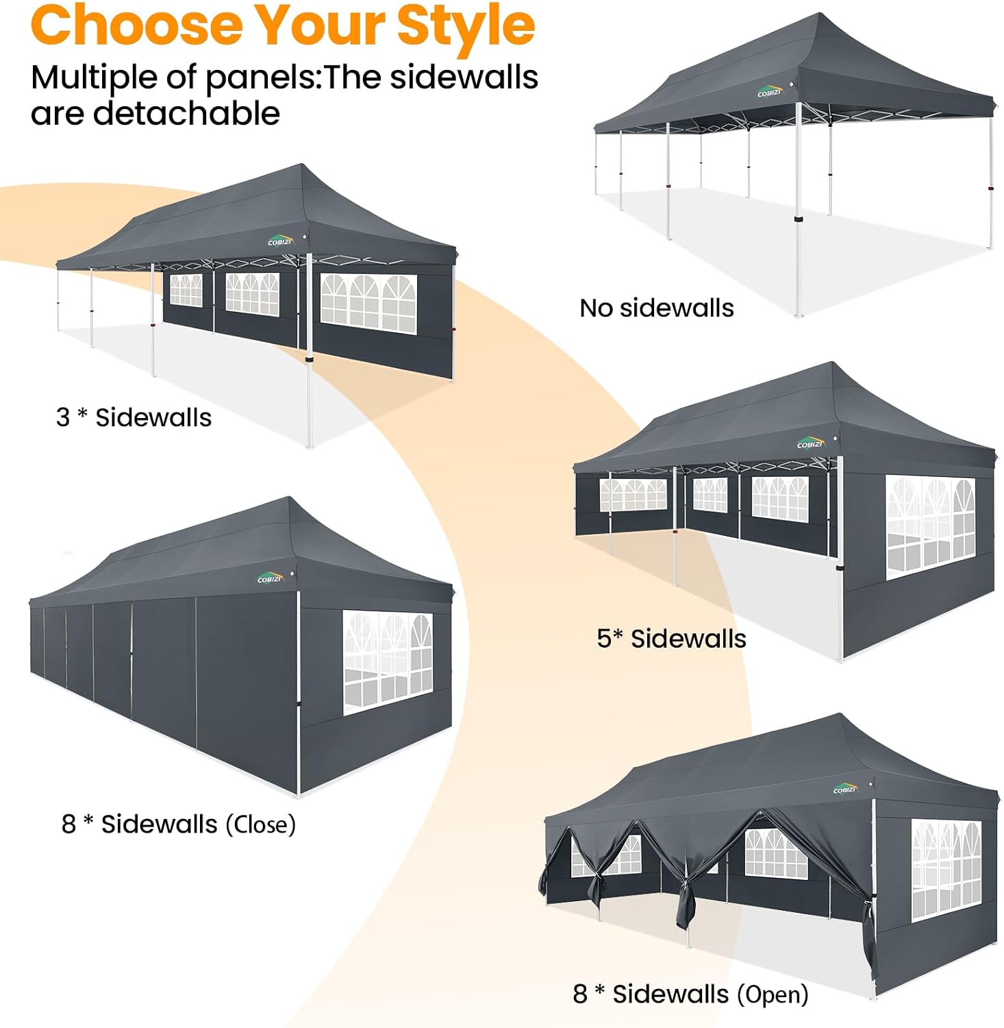 COBIZI 10x30 Pop up Canopy with 8 Removable Sidewalls & 4 Sandbags, Party Tent for Parties, Wedding, and Commercials, Waterproof and Instant Shelter UV50+ Ez Outdoor Canopy Tent with Roller Bag