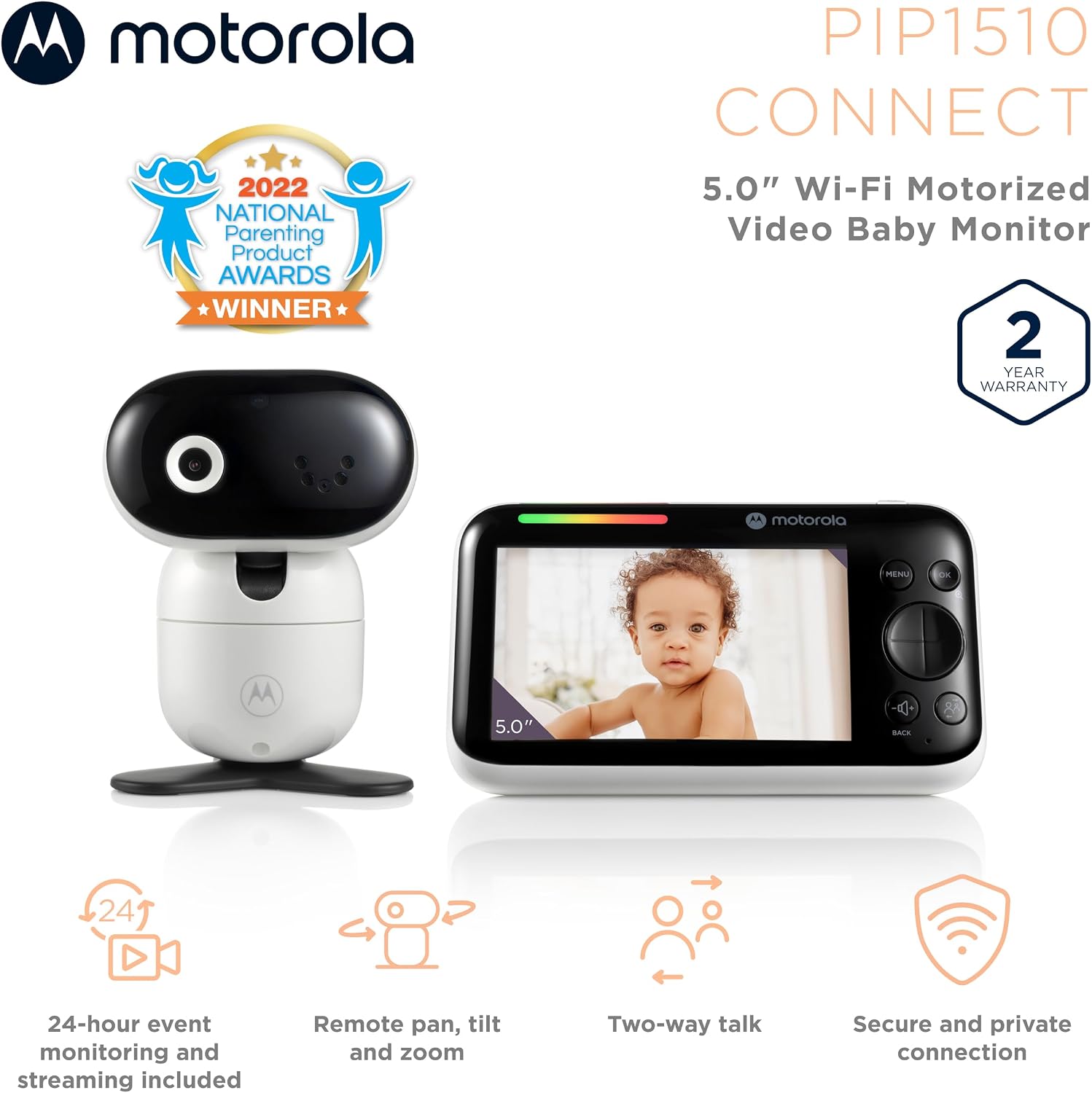 Motorola Nursery WiFi Video Baby Monitor with Camera and Audio, 5' Screen, HD PIP1510 Connect, 1000ft Range, Wall Mount, 2-Way Audio, Lullabies, Temperature Sensor, Zoom, Tilt