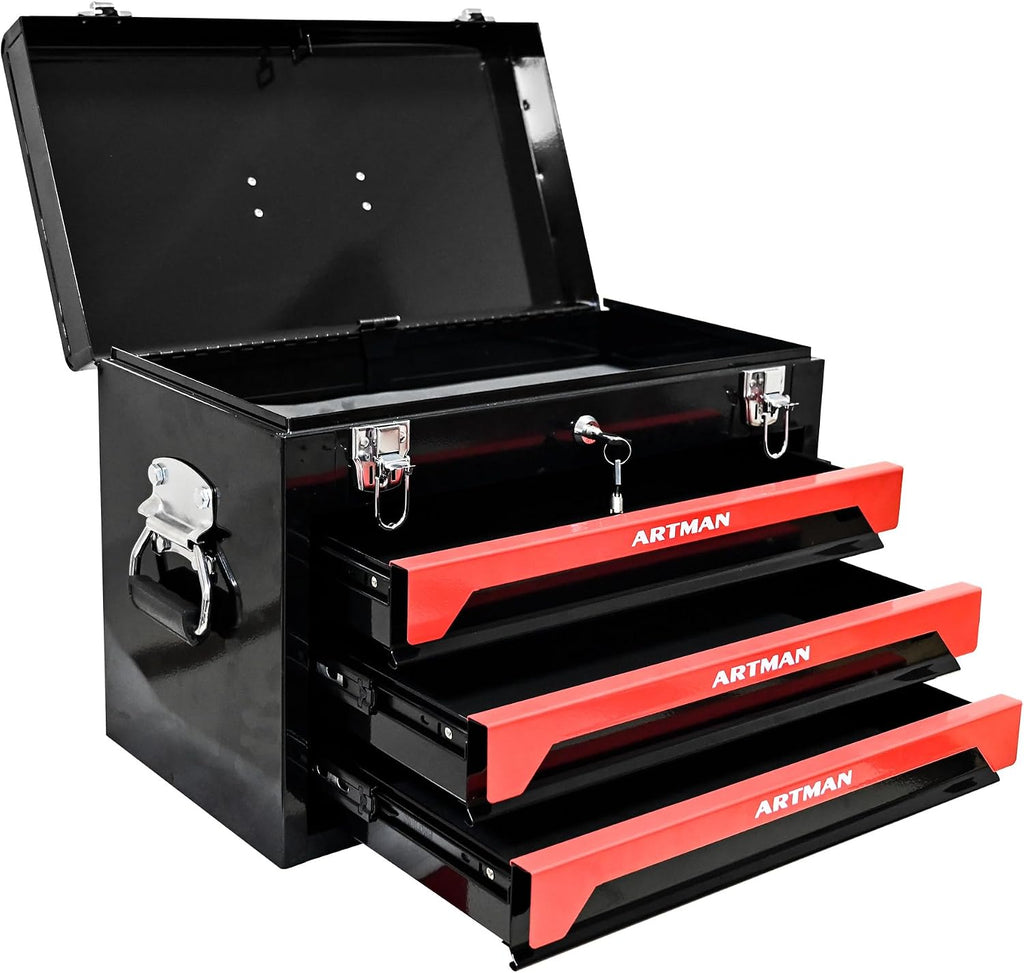 3-Drawer Handheld Toolbox, 3 Drawer Heavy Duty Metal Organizer Box with Lock, Portable Tool Organizer Case for Auto Repair, Garage, Warehouse, Workshop, Repair Shop
