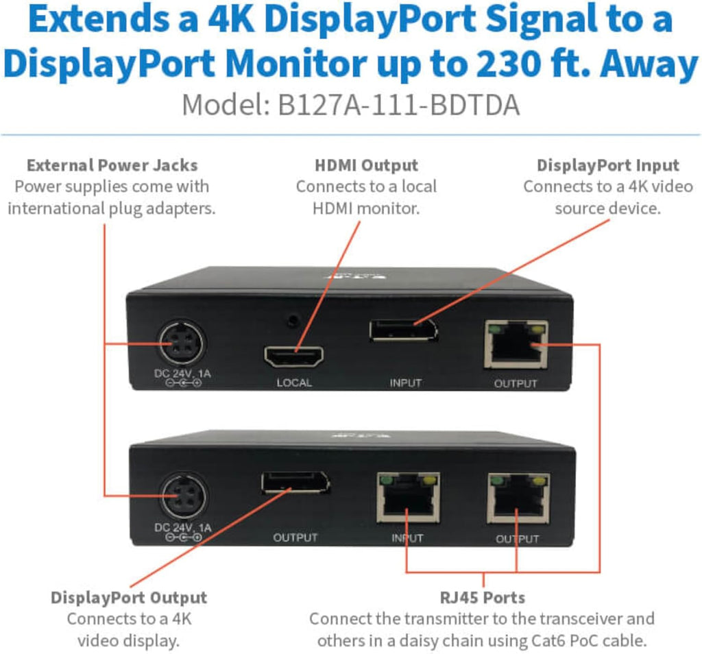 Eaton Tripp Lite Series DisplayPort Over Cat6 Ethernet Extender Kit, Up to 230 Feet / 70 Meters, 4K@60Hz Video, 4:4:4, Power Over Cable, TAA Compliant, 1-Year Warranty (B127A-111-BDTDA)