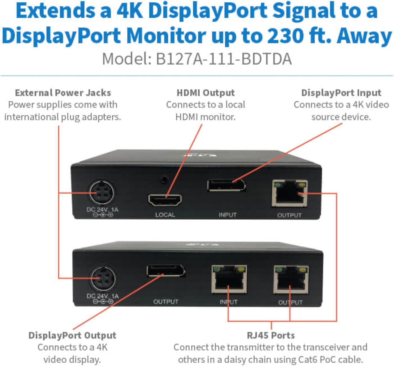Eaton Tripp Lite Series DisplayPort Over Cat6 Ethernet Extender Kit, Up to 230 Feet / 70 Meters, 4K@60Hz Video, 4:4:4, Power Over Cable, TAA Compliant, 1-Year Warranty (B127A-111-BDTDA)