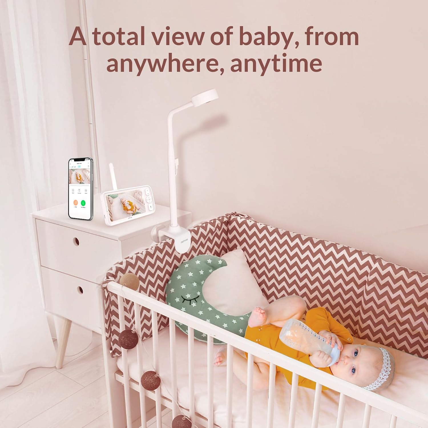 Baby Monitor with Camera and Audio, 5'' Screen & App, 2.4GHz WiFi Secure Link, Sleep Tracking, Cry Detection, Night Vision, Temp & Humidity Monitor, 2-Way Talk, 5GB Cloud Storage, 4-in-1 Mount