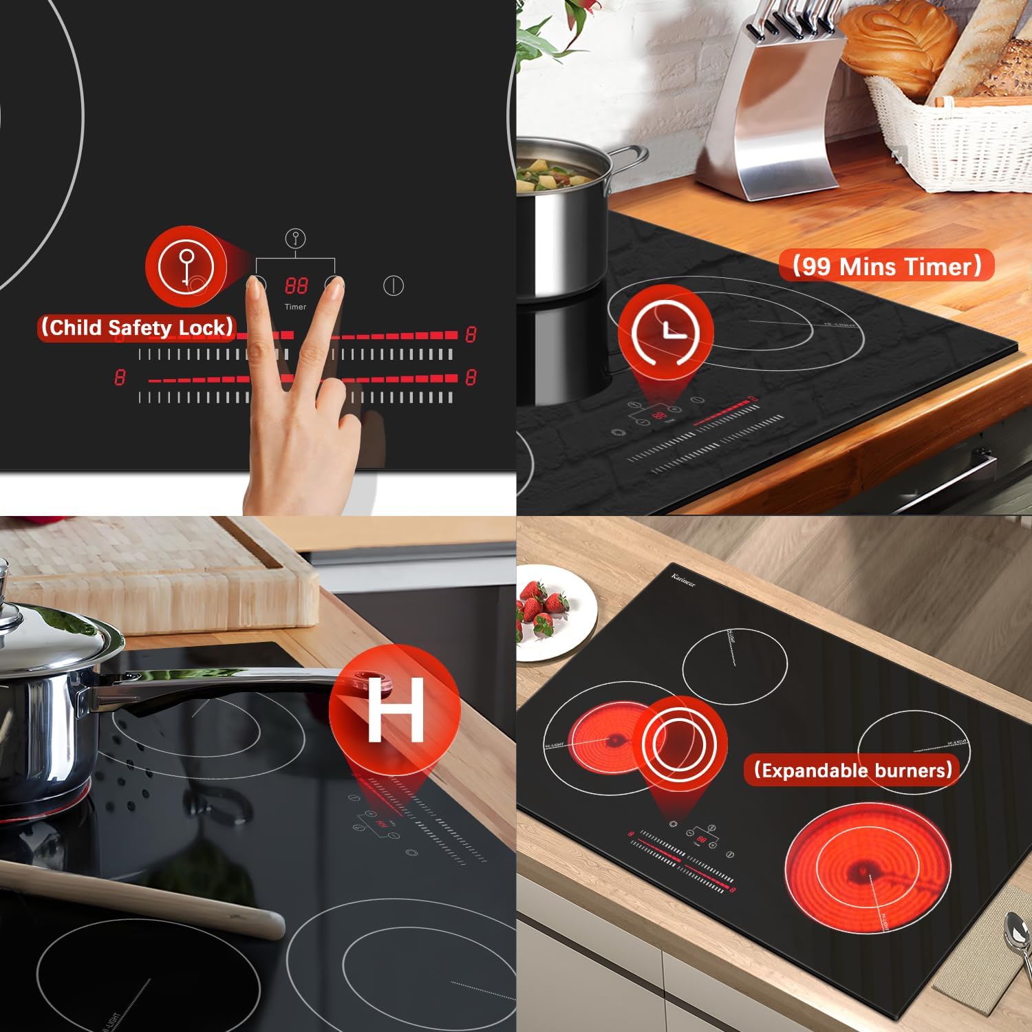 Karinear 4 Burner Electric Cooktop 30 Inch, 240V Radiation Stove Top 30 Inch Built-in Install, 7100W Electric Ceramic Cooktop with Slide Control, Timer, Child Safety Lock, Expandable Burner(No Plug)