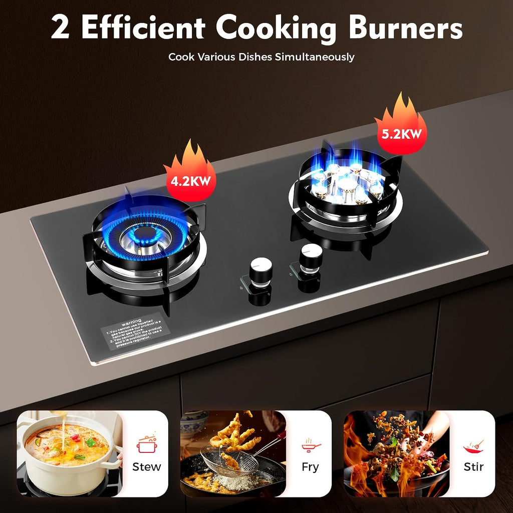 28' Black Gas Cooktop 2-Burner Cooktops with Strong Flame Natural Gas Stove, Built-In Countertop Gas Stovetop Cooktops Gas Cooker for Griddle, Pan