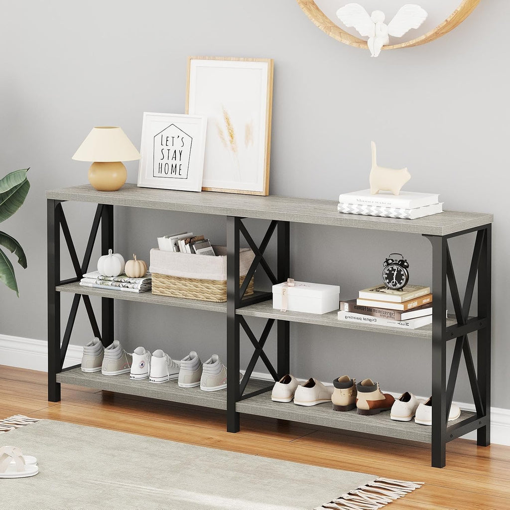 LVB Industrial Entryway Table, Farmhouse Rustic Console Table Behind Couch, Long Metal Wooden Sofa Table with Storage Shelf, Modern Foyer Hallway for Living Room Bedroom, Light Grey Oak, 63 in