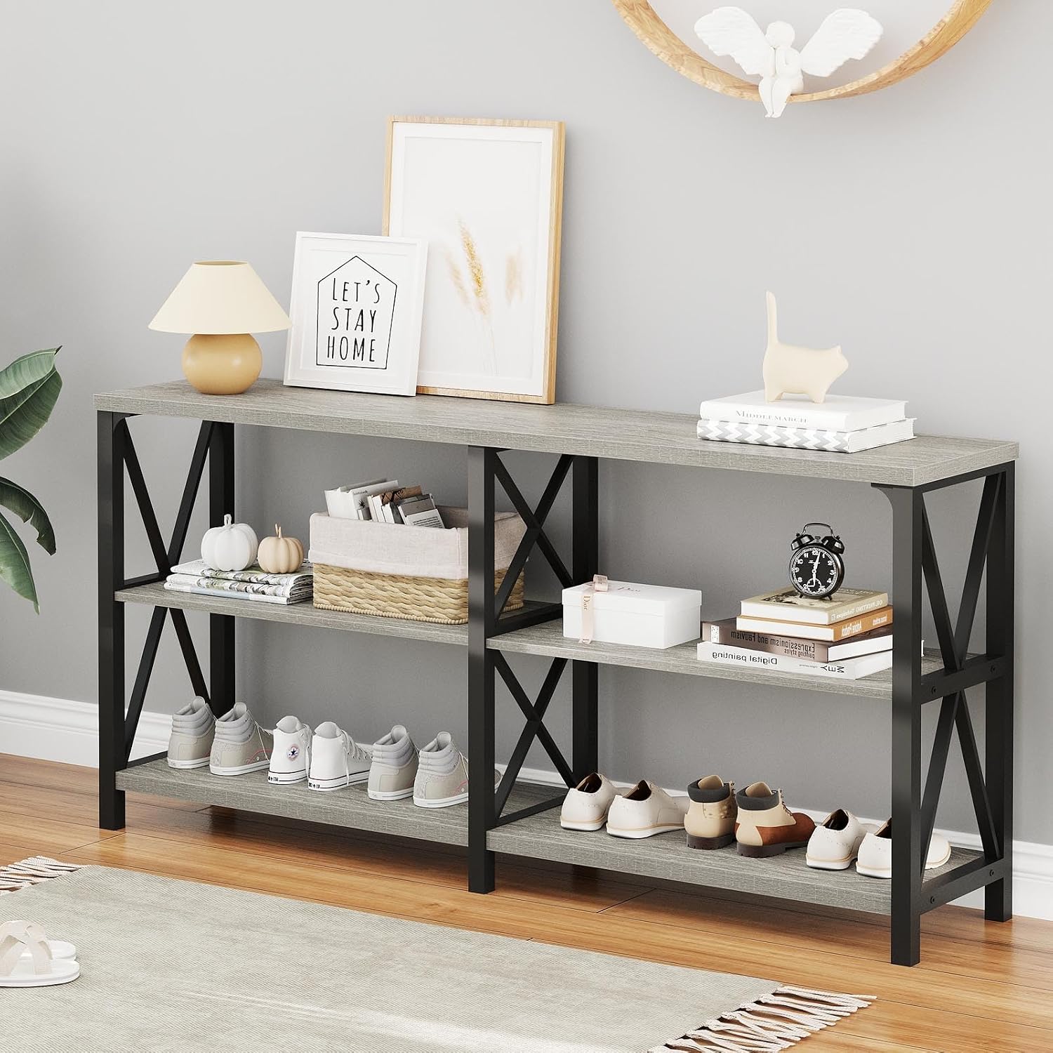 LVB Industrial Entryway Table, Farmhouse Rustic Console Table Behind Couch, Long Metal Wooden Sofa Table with Storage Shelf, Modern Foyer Hallway for Living Room Bedroom, Light Grey Oak, 63 in