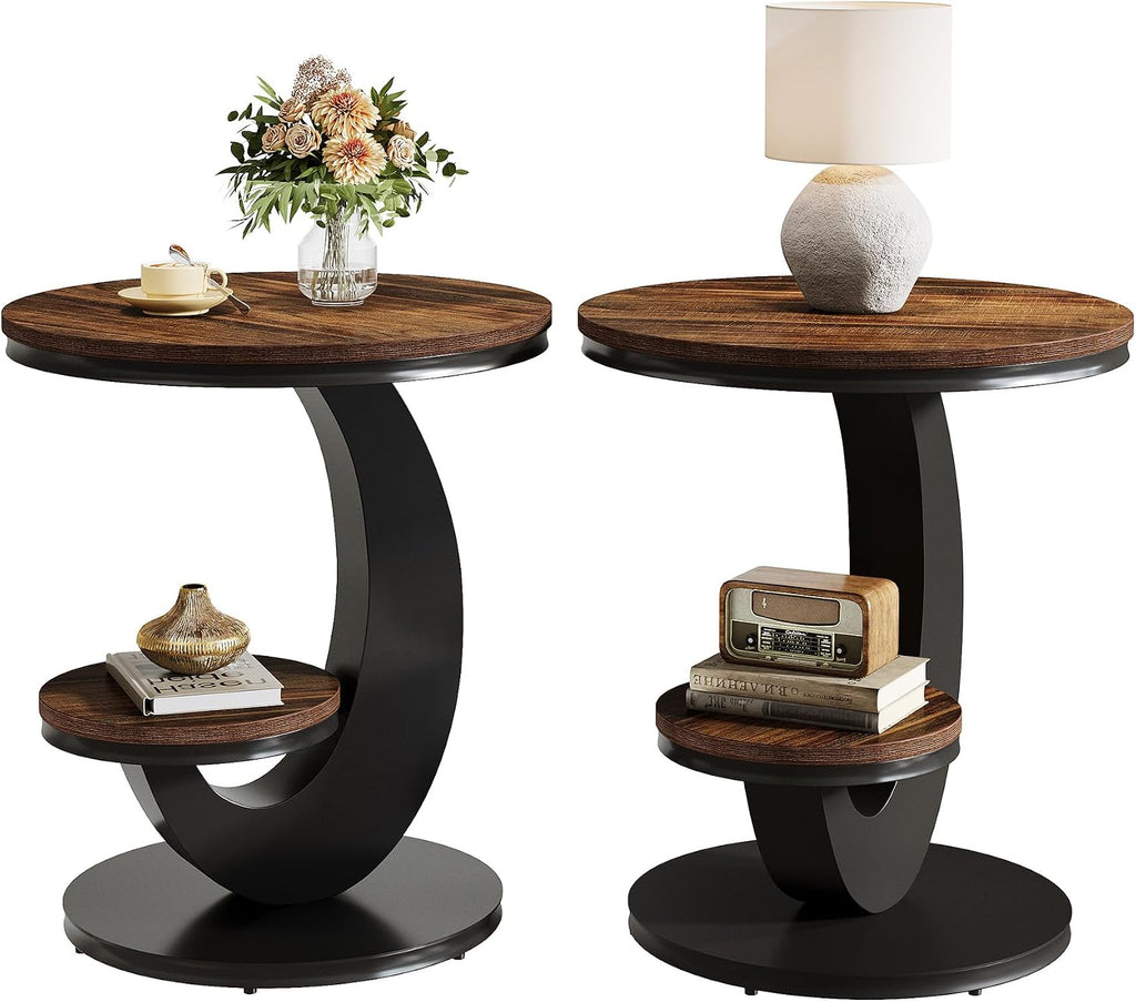 Tribesigns Round End Table Set of 2, 2 Tiers Side Table with Storage Shelf, Sofa Side Bedside Nightstand with Rustic Wood and Metal Arc-Shaped Frame for Small Spaces, Living Room, Bedroom (2PCS)