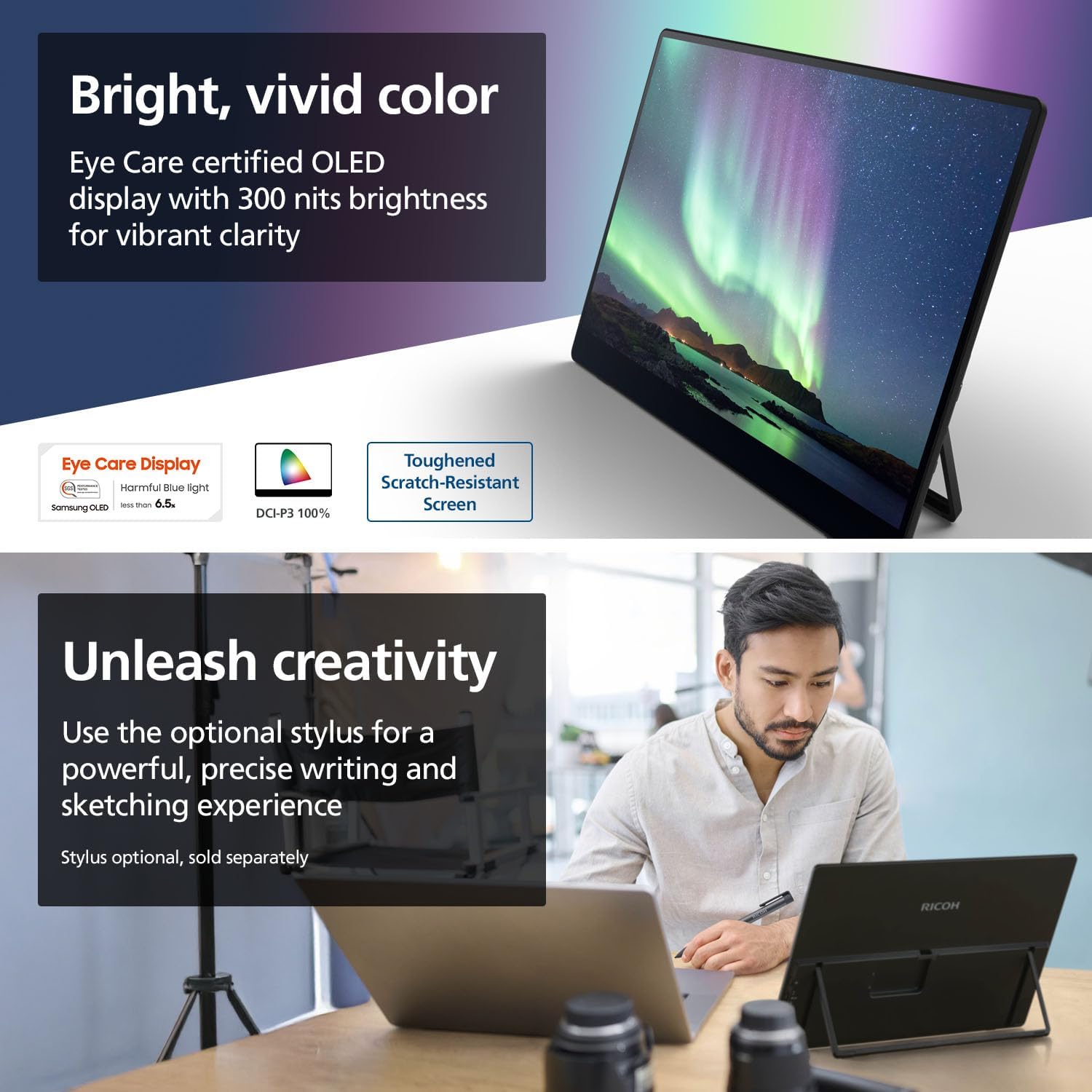 Ricoh 150BW Portable 15.6' Vivid OLED 350nit Lightweight Display Monitor and Touchscreen w/Dual Speakers, Wireless with Multicasting, Battery Powered - for Laptop, Desktop, Mac, PC