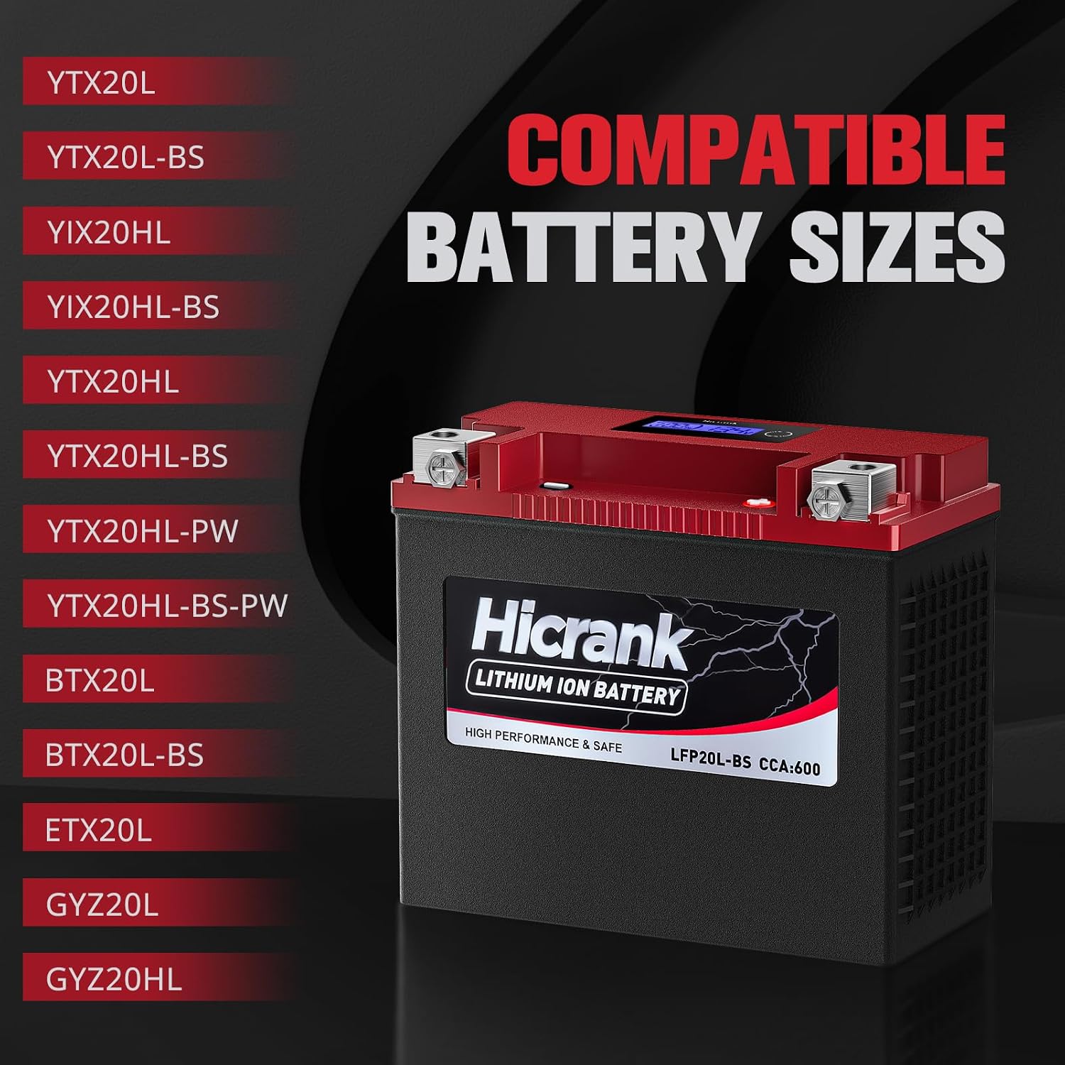 YTX20L-BS/YTX20HL LiFePO4 Lithium Motorcycle Battery, 12V 12Ah,600CCA, Fits for ATV, UTV,Jet Ski, Riding Lawn Mower and Generator