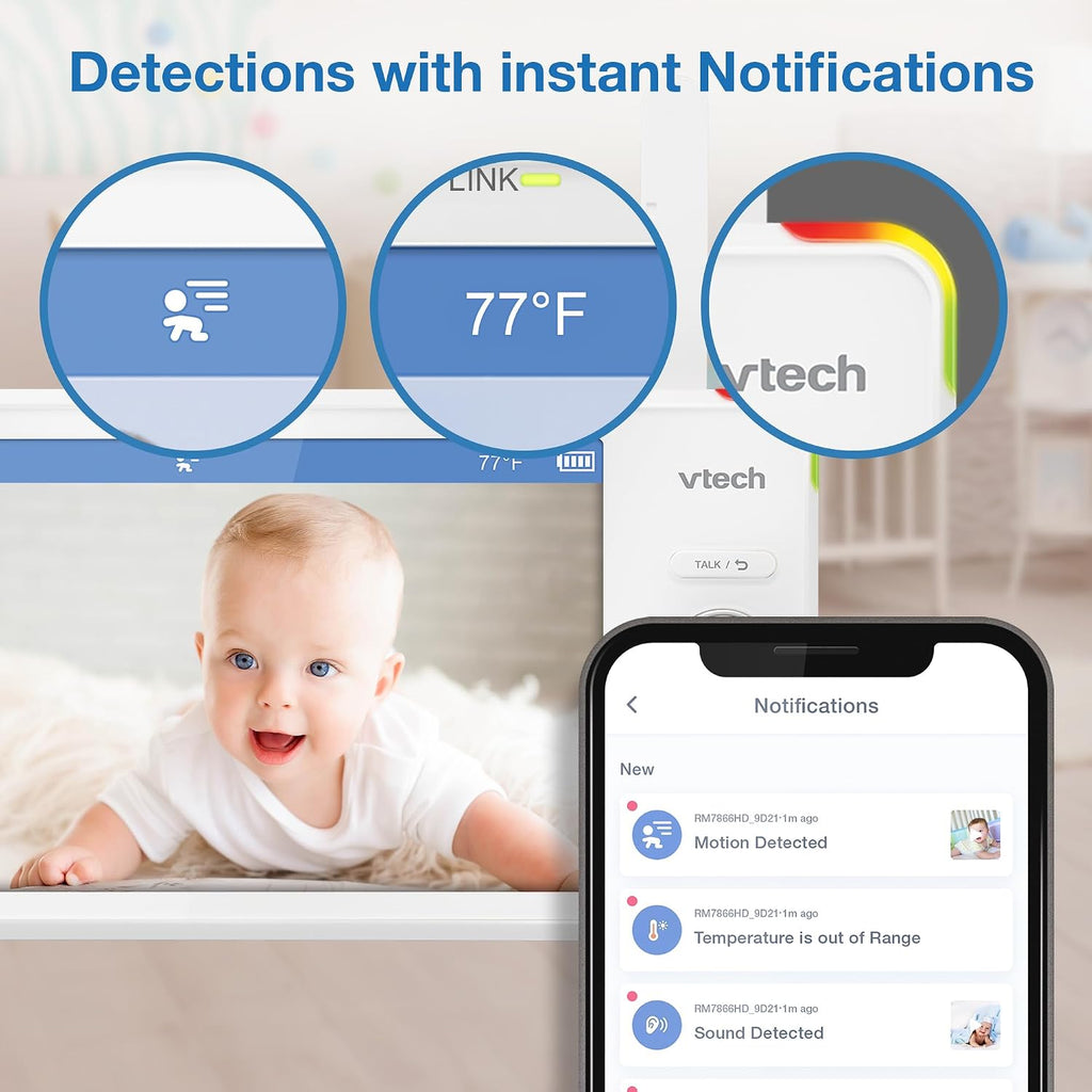 VTech Smart WiFi 7' HD Display Video Baby Monitor, 1080p HD Camera via App, Pan-Tilt-Zoom, Night Light, 2-Way Talk, 2K CMOS Video Sensor, Wide-Angle Viewing, Rechargeable Battery, Free App: RM7866HD