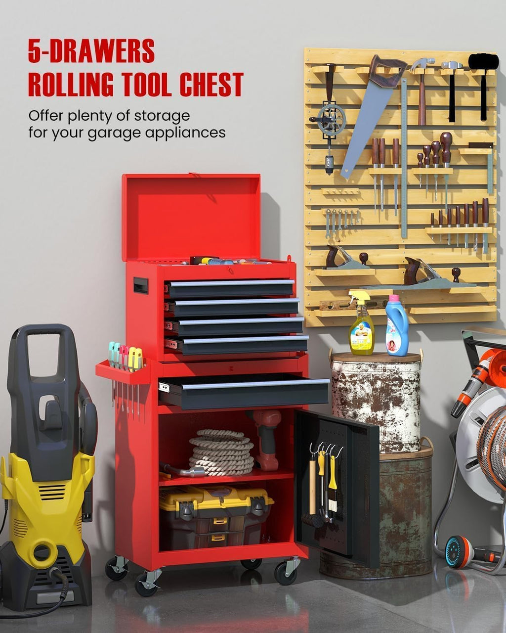 ARNOT 2-in-1 Rolling Tool Chest with 5 Drawers, Heavy-Duty Metal Tool Box with Wheels, Detachable Top Tool Box & Rolling Tool Cabinet for Garage, DIY, Mechanics, Red+Black