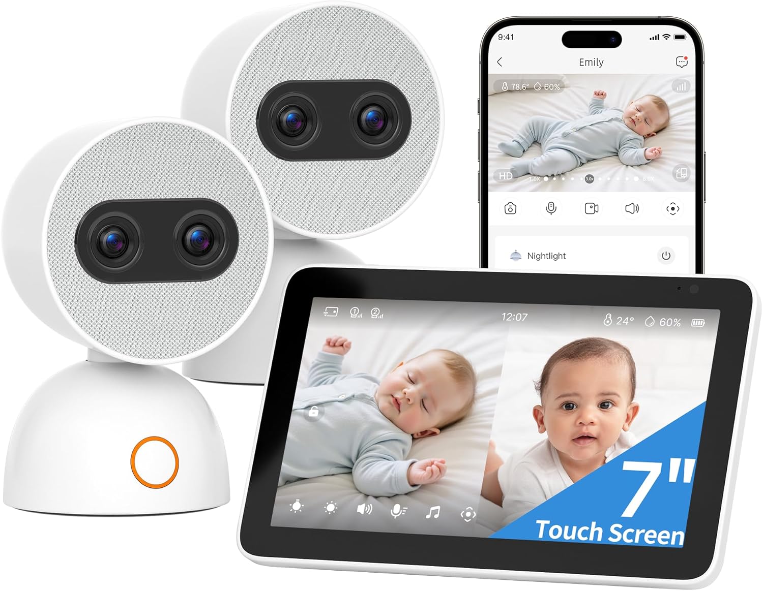 Simsky Baby Monitor with 2 Cameras, 7' UHD Split-Screen Touch Display | 4MP Dual Cameras with Wall Mount, 6X Zoom | AI Detection, App Remote Access, 32GB Local Storage, Hack-Proof Encryption