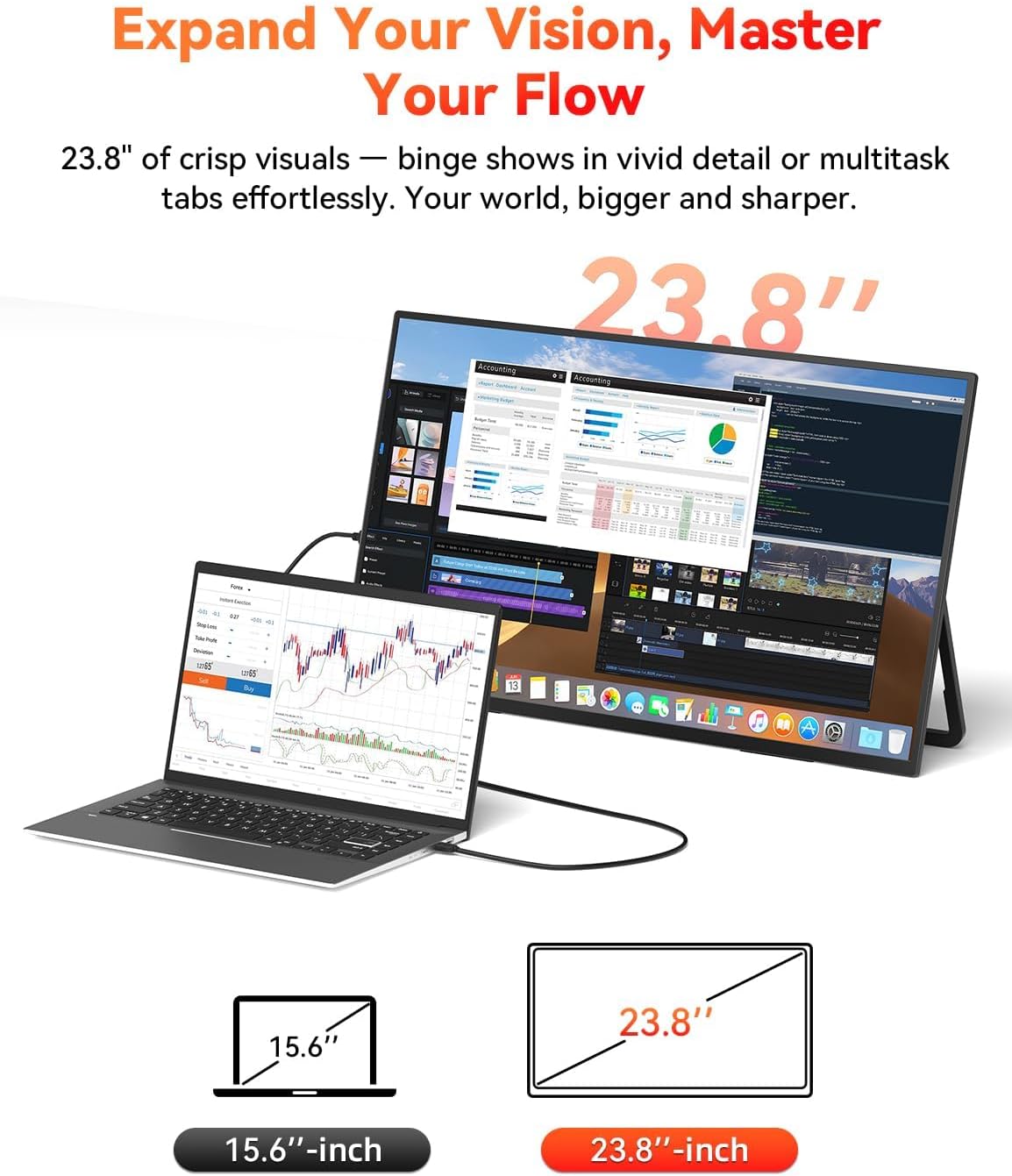 HotYeah 23.8' 100Hz Portable Monitor, 1080P FHD 100% sRGB IPS USB-C HDMI Large External Monitor, Home Gaming 2nd Screen w/180° Adjustable Kickstand for MacBook, Laptop, PC, Phone, Tablet, Switch, PS5