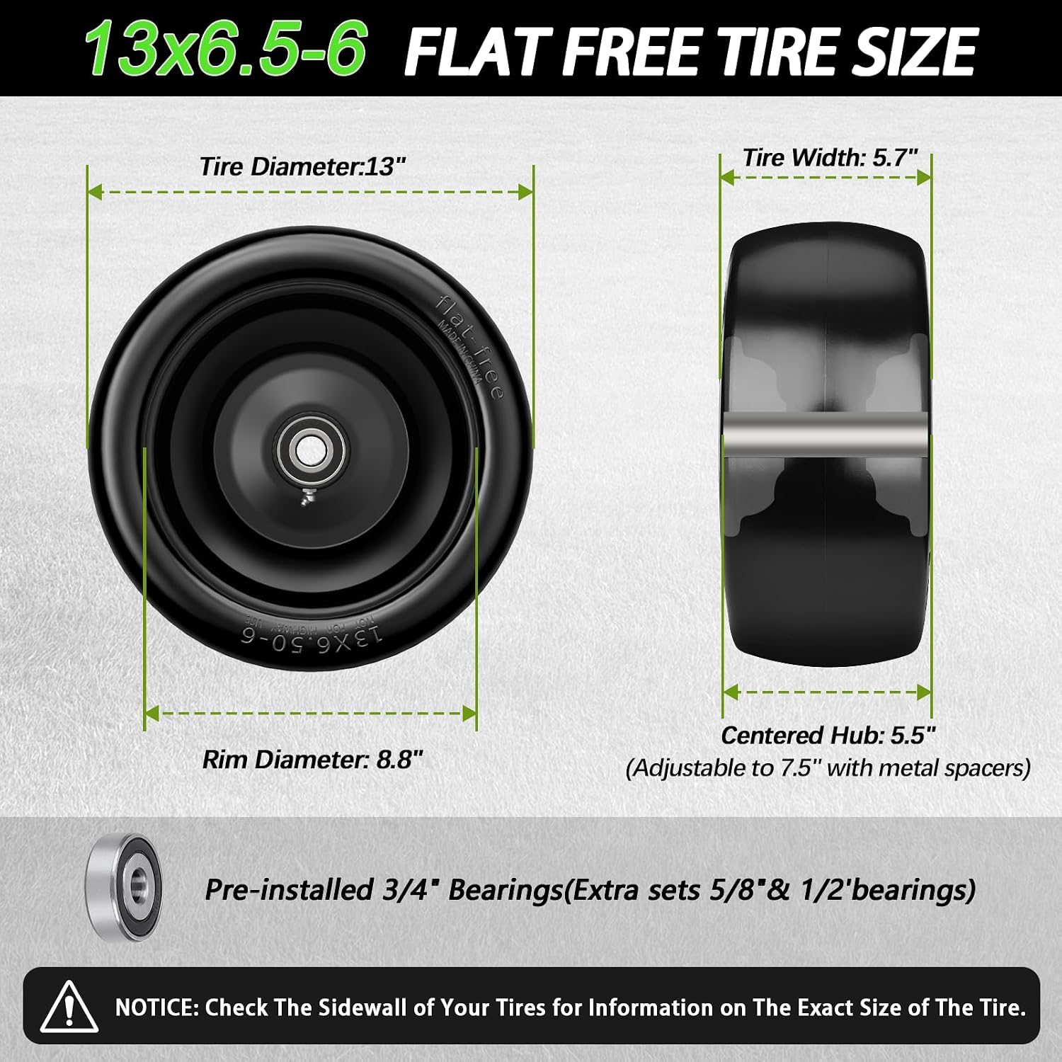 2 Pcs Upgrade 13x6.50-6 Lawn Mower Tires Flat Free,13x6.5-6 Tire and Wheel with 3/4'& 5/8' Bearing,5.5'-7.5' Centered Hub,13x6.5-6 Zero Turn Mower Front Tire for Residential and Commercial Garden Lawn