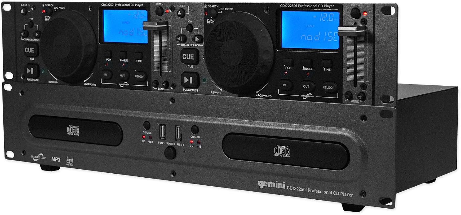 Gemini CDX-2250i Pro DJ Dual Two Deck Rack Mount CD/MP3 Media Player w/USB Bundle with Rockville RXS20 Portable Mixer Stand - Adjustable Height and Width!