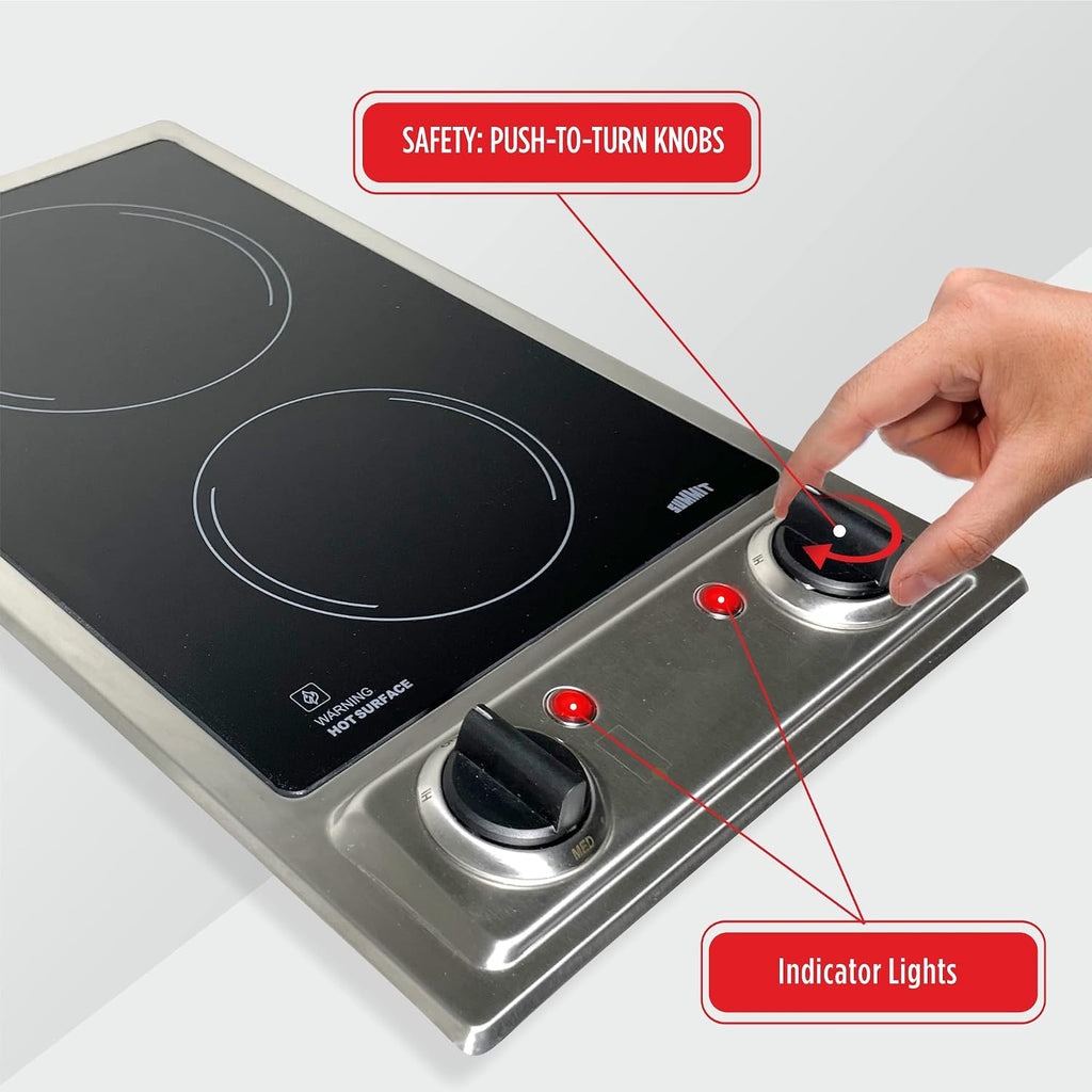 Summit CR2B120 12-inch Wide 115V 2-Burner Radiant Electric Cooktop, Jet Black Glass Easy to Clean, Two Burner Total 2400W, Push-to-Turn Knob Control, Indicator Light, Hot Warning, Easy Plug-In