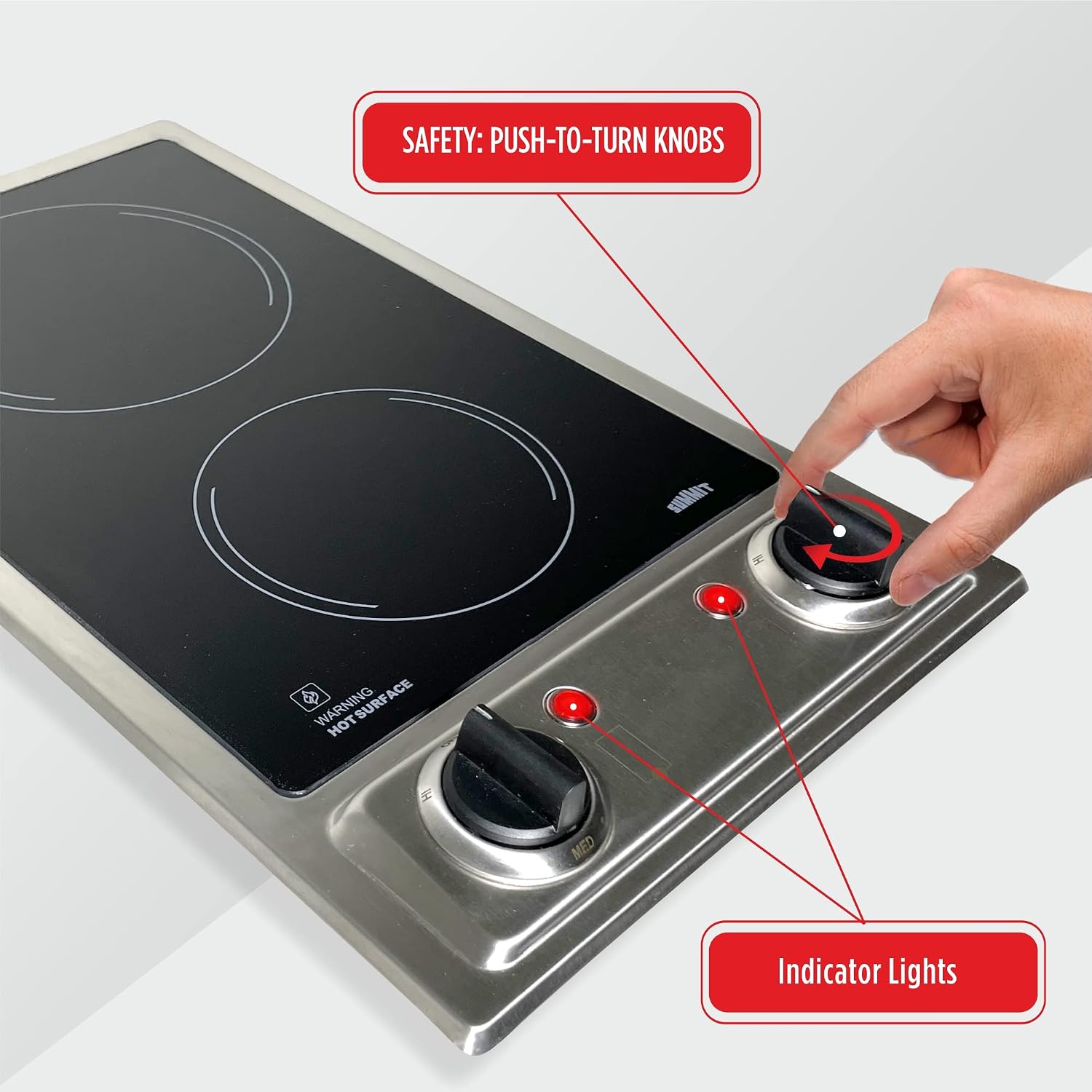 Summit CR2B120 12-inch Wide 115V 2-Burner Radiant Electric Cooktop, Jet Black Glass Easy to Clean, Two Burner Total 2400W, Push-to-Turn Knob Control, Indicator Light, Hot Warning, Easy Plug-In