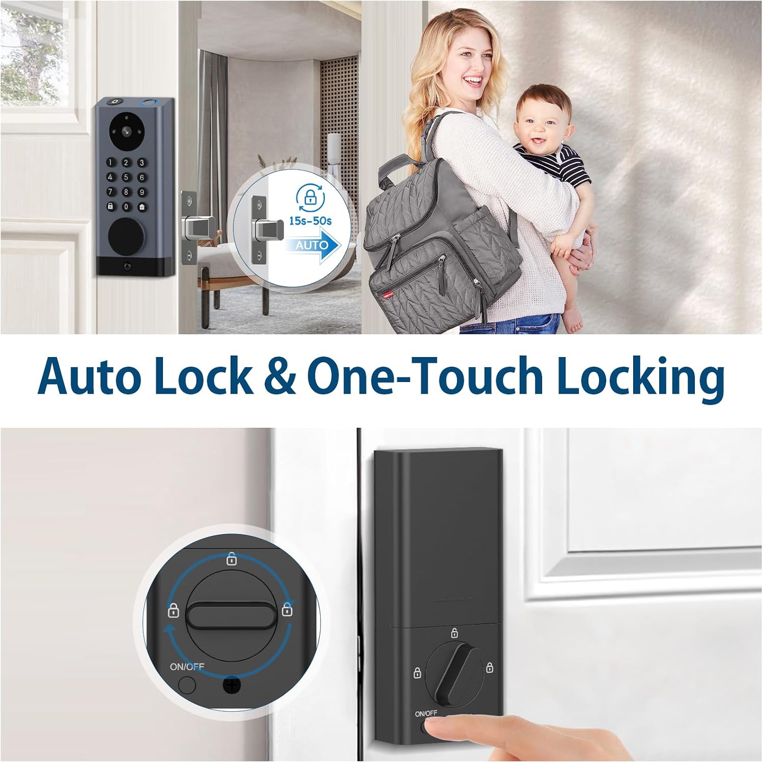 Smart Door Lock with Camera Deadbolt with Video Doorbell PIR Motion Detection Front Door Lock with Fingerprint Keypad Code Long-Lasting Battery Built-in Wi-Fi No hub Required No Drilling