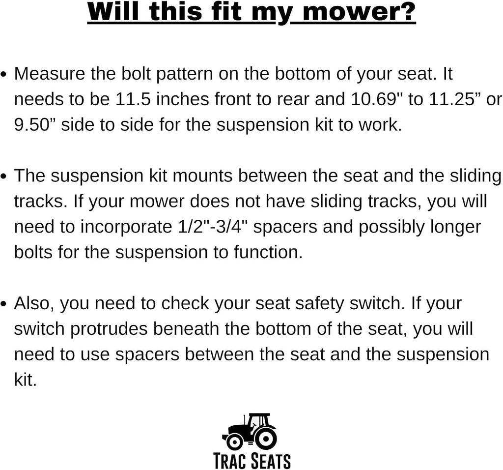 TRAC SEATS® Made in USA Seat Suspension Kit for Zero Turn Lawn Mower Tractor, Skid Steer, Forklift - Fits John Deere, Hustler, Exmark, Kubota, & More - Universal, Adjustable Seat Base, Heavy-Duty