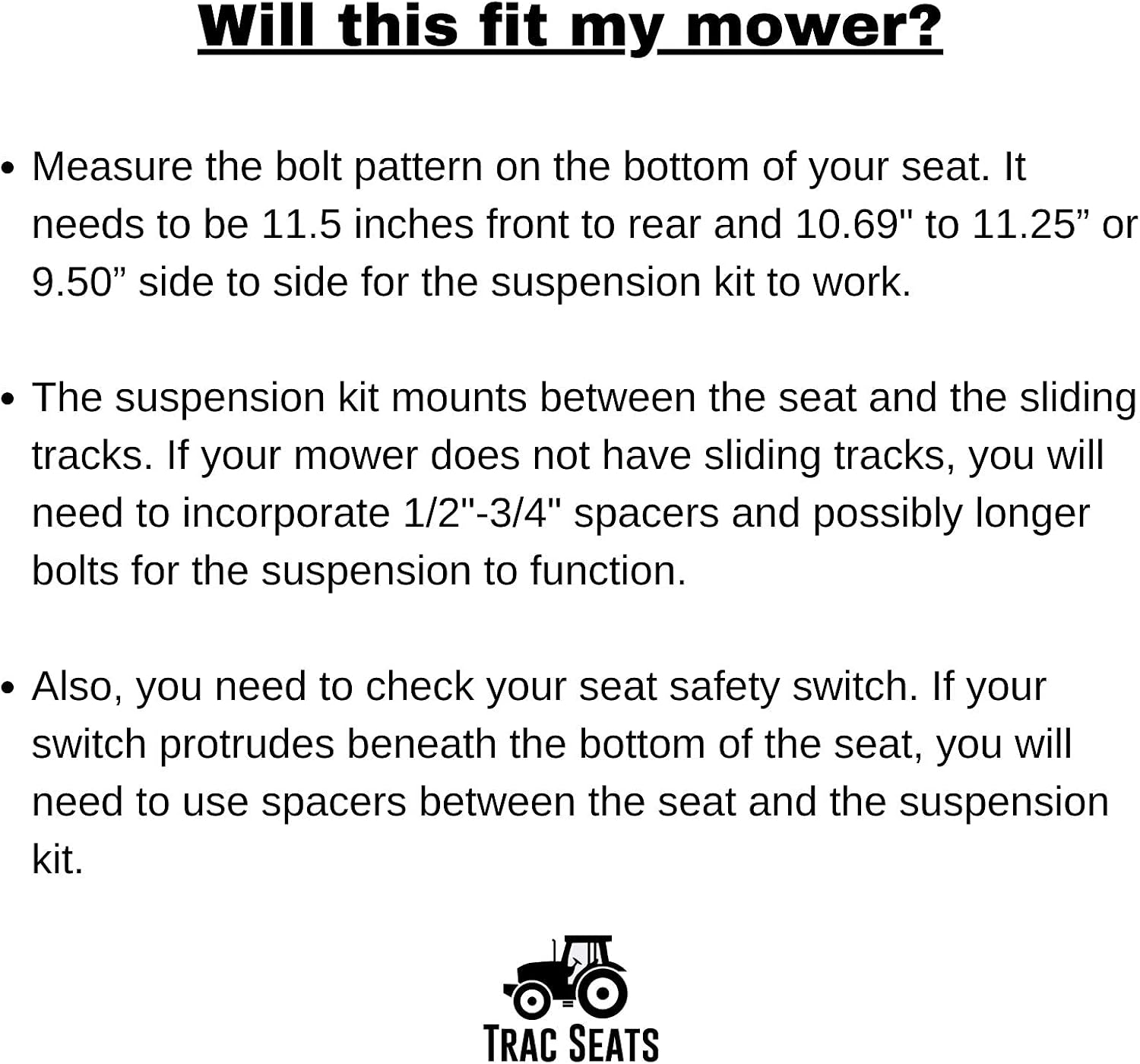 TRAC SEATS® Made in USA Seat Suspension Kit for Zero Turn Lawn Mower Tractor, Skid Steer, Forklift - Fits John Deere, Hustler, Exmark, Kubota, & More - Universal, Adjustable Seat Base, Heavy-Duty