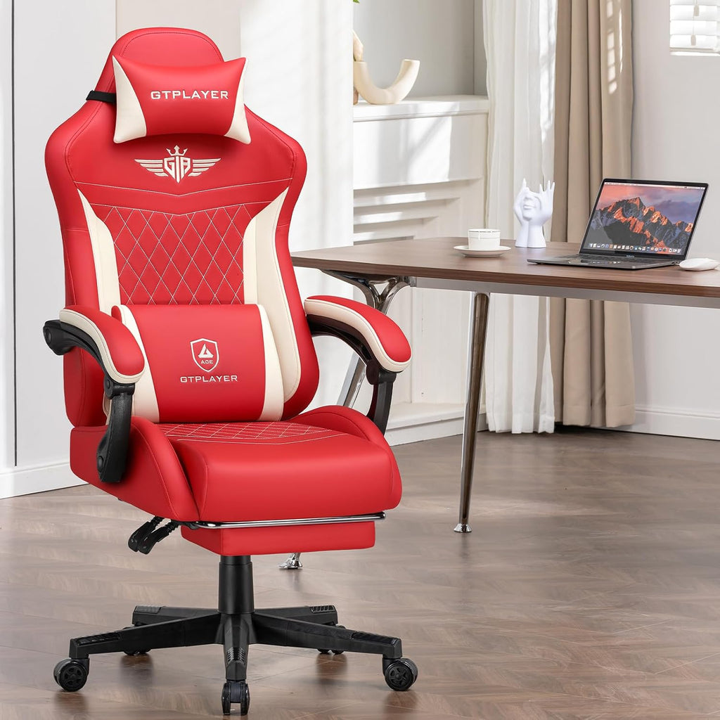 GTPLAYER Gaming Chair, Video Game Chairs with Footrest and Lumbar Support, Computer Chair for Adults with Extended Backrest, Ergonomic Reclining Silla Gamer, PU-Leather, Red