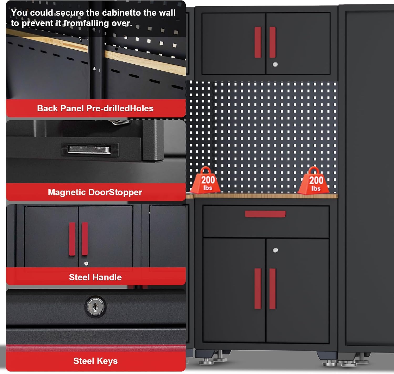 18-Piece Corner Garage Storage Cabinet System - Heavy Duty Workshop Set w/Corner Cabinet Includes Workbench, Pegboard & Lockable Drawers | Metal Tool Organization System for Garage/Workshop