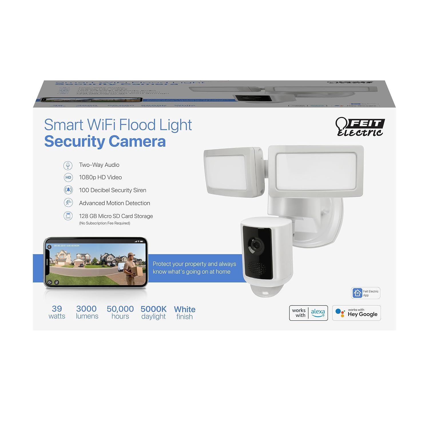 Feit Electric SEC3000/CAM/WIFI Outdoor LED Smart Security Camera with Motion Sensor, 2-Way Audio, 39-Watt Floodlight, Works with Alexa and Google Asst, Alarm, Hardwired, 128 GB Micro SD Card Storage