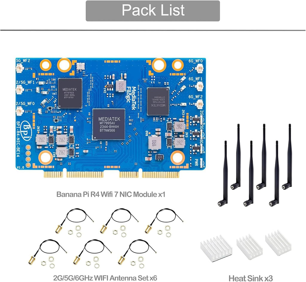 Banana Pi BPI-R4 NIC BE14 WiFi 7 Module for BPI-R4 Wireless Tri-Band WiFi Router Board OpenWRT, MediaTek MT7995AV CPU 32 bits RISC-V MCU, with 6X 2G/5G/6GHz WiFi Antenna (WiFi7 NIC Module)