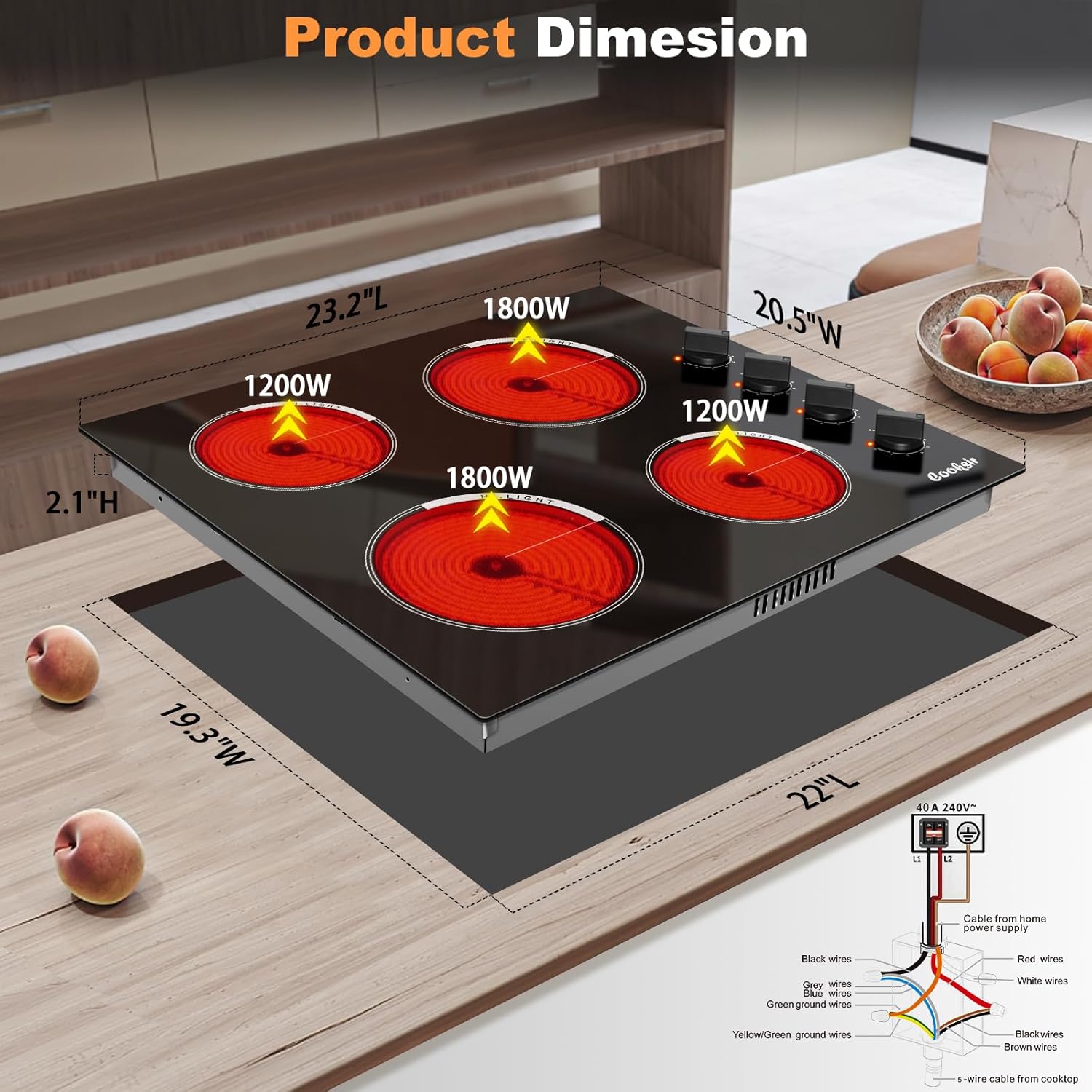 Electric Cooktop 24 Inch - 4 Burner Built-in Electric Stove Top 6000W, Radiant Electrical Stovetop with 9 Heating Level, Knob Control, Auto Shut Off Protection, 220-240V Hard Wired (No Plug)