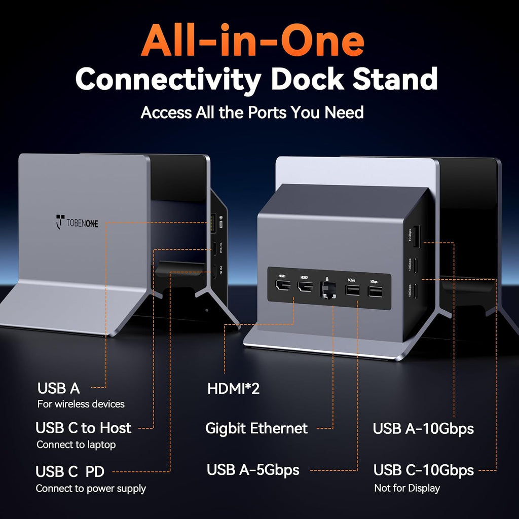TobenONE Docking Station with Dual Monitor,4K@60Hz 2 HDMI,100W Power Supply, PD 3.0,6 USB,Gigabit Ethernet, Laptop Stand Vertically,for Windows,ChromeOS and More Space-Saving for Office/Home/Study