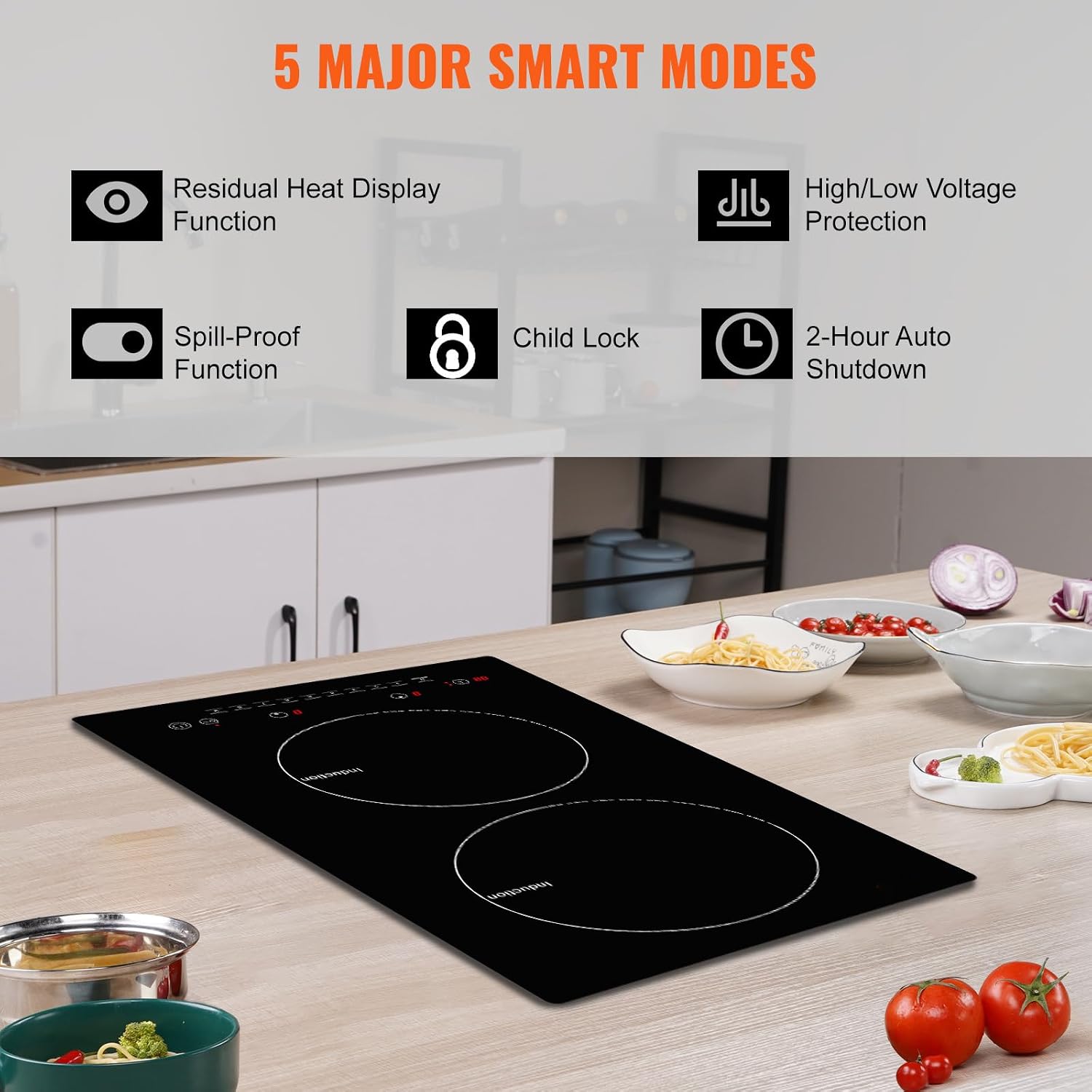 Happybuy Electric Cooktop, 2 Burners, 12'' Induction Stove Top, Built-in Magnetic Cooktop 1800W, 9 Heat Levels, LED Touch Control with Child Lock & Overheat Protection
