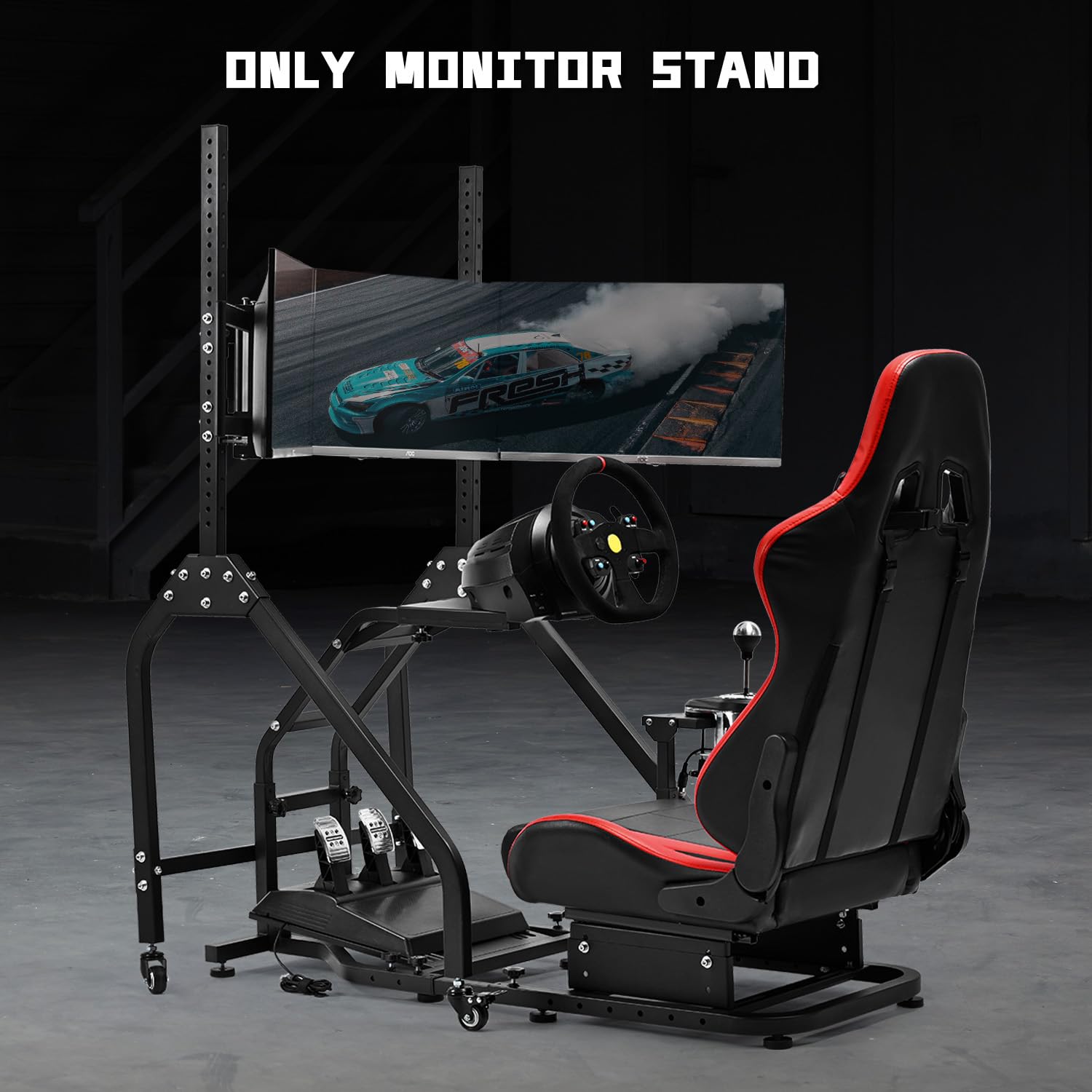Dardoo Triple Monitor Stand with Brake Casters – Ergonomic Height/Tilt/Spacing Adjustment for 27 to 32 inch Monitors, Gaming Workstation Setup