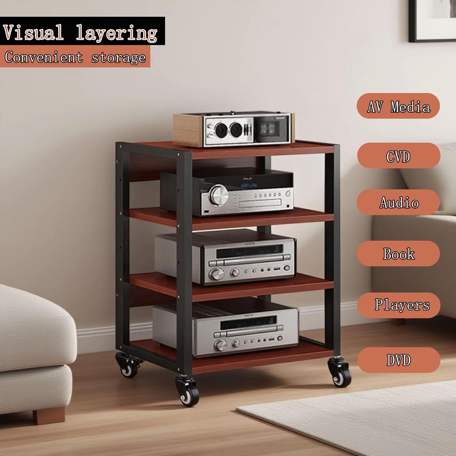 3/4/5Tier Media Rack with Shelf Height Adjustable Component Cabinets, Floor Standing Removable Stereo Cabinet Corner, Av Component Media Racks for Home, Office, and Theatres (4 Tier-YM)