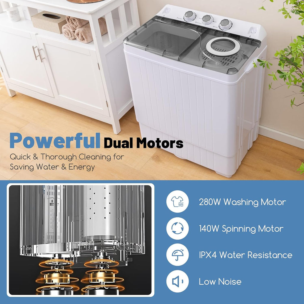 ARLIME Portable Washing Machine, 26 lbs Washer and Spinner Combo with Drain Pump,18 lbs Washing 8 Pounds Spinning Twin Tub Mini Compact Laundry Washer for Dorms, Apartments, RVs (White+Gray)