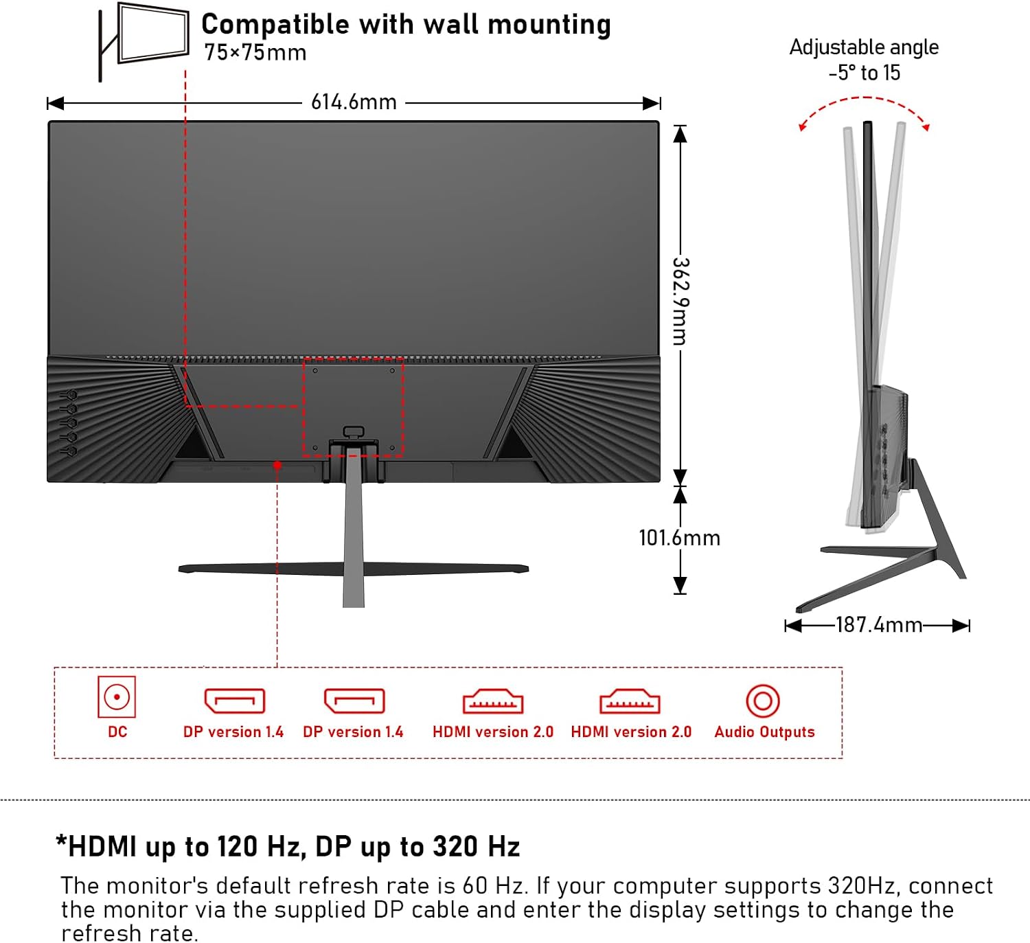 Gawfolk 27 inch IPS 2K QHD(2560×1440) PC Screen,320Hz Gaming Computer Monitor, 1ms Without Bezel, FreeSync,120% sRGB, HDMI2.0、DisplayPort, 75 * 75MM Wall Mount Compatible - Black