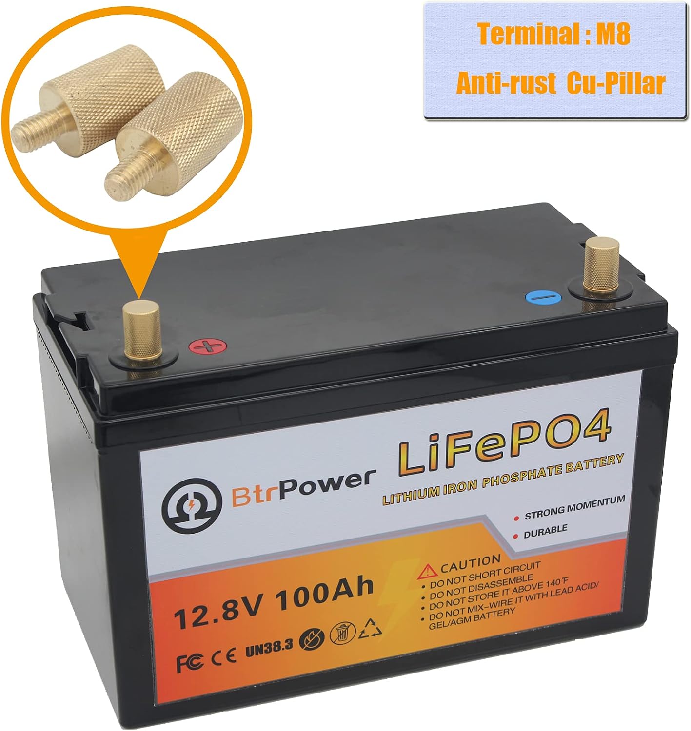 12V 100AH Lithium Battery,5000+ Deep Cycle LiFePO4 Battery with Built-in 100A BMS fit for Home Storage,Trolling Motor,RV,Off-Grid System,Solar Power System,Marine