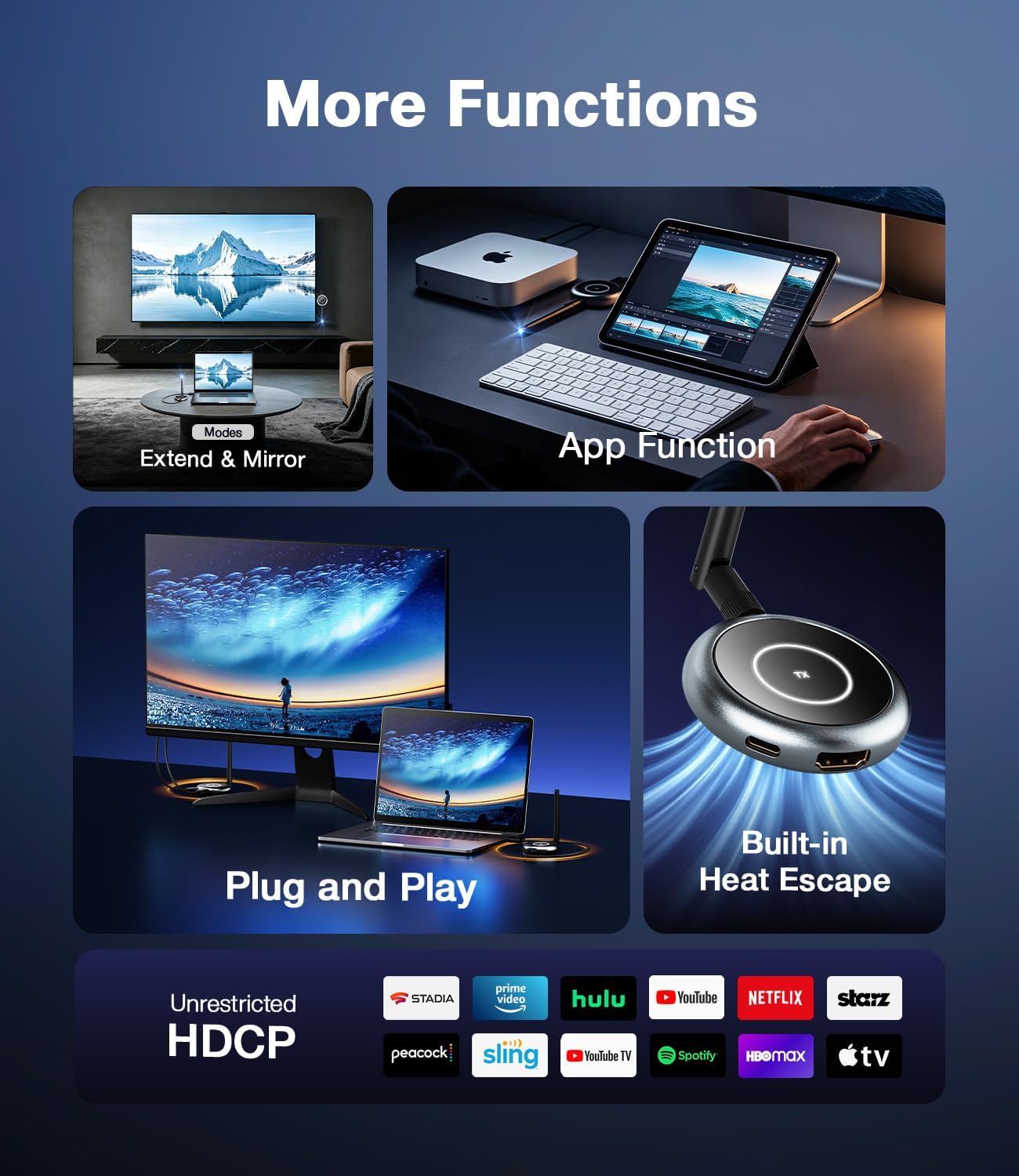 AIMIBO Wireless HDMI Transmitter and 3 Receivers, 656FT(200M) Plug & Play HDMI Wireless Multiple TVs Extender with App Mirror, 5.8G, 4K Decode & 1080P@60Hz for Laptop, Camera, TV Box to Monitors