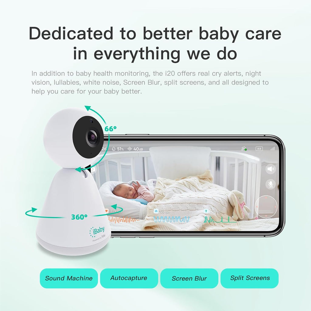 iBaby i20 Contactless Wellness Baby Monitor: Track Live Breathing, Heart Rate, Sleep Pattern,1080P, Night Vision, 2-Way Audio, Cry & Safety Alerts, No Subscription, Open Wall Mount