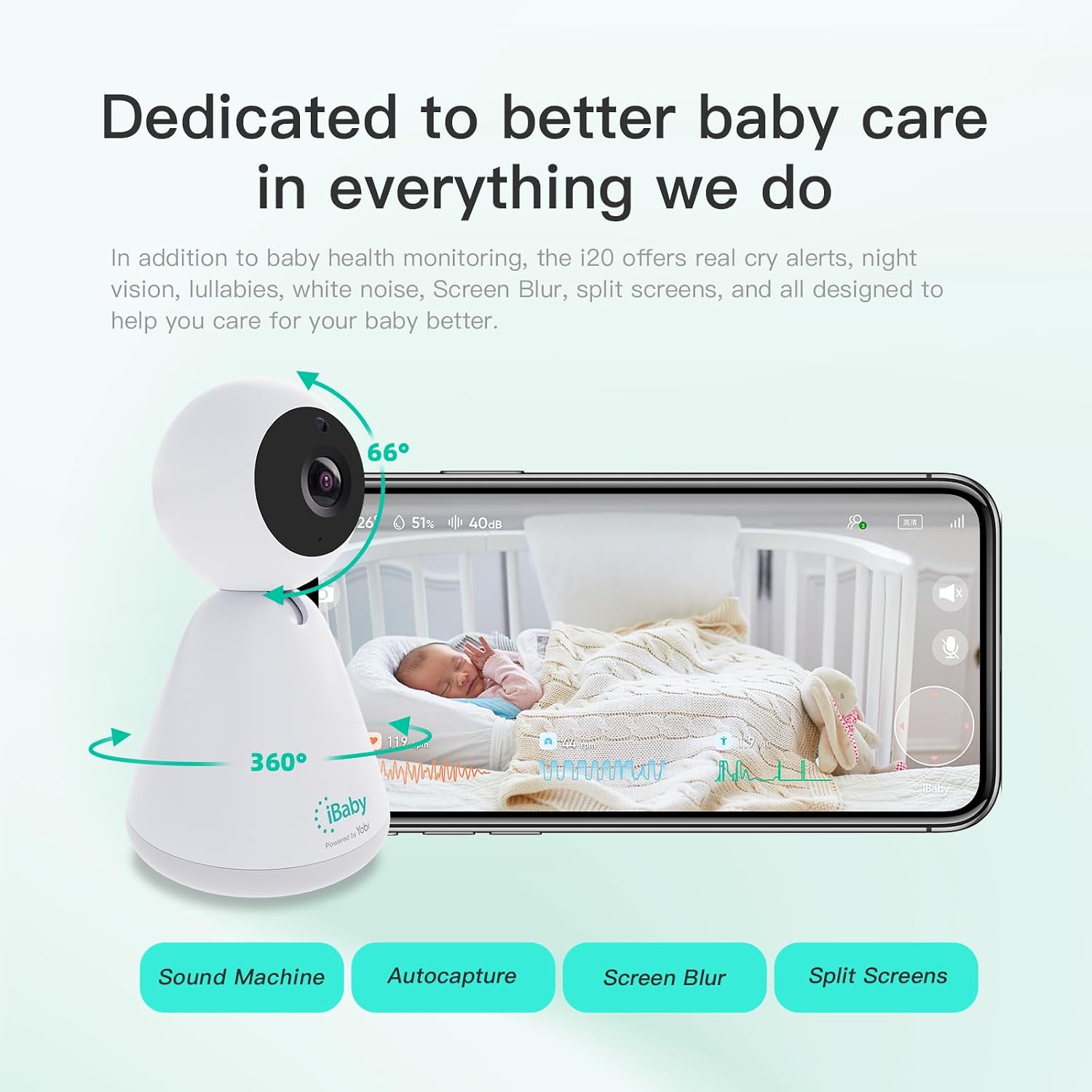 iBaby i20 Contactless Wellness Baby Monitor: Track Live Breathing, Heart Rate, Sleep Pattern,1080P, Night Vision, 2-Way Audio, Cry & Safety Alerts, No Subscription, Open Wall Mount