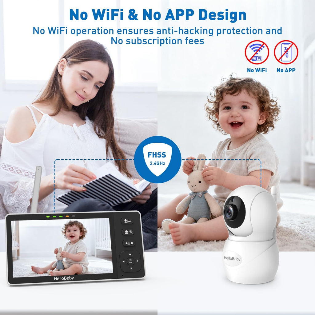 HelloBaby Baby Monitor with 2 Cameras, 5.5' 720P HD No WiFi Audio Display Split Screen, Dual 1080P Cameras, Pan-Tilt-Zoom, 2-Way Talk, Night Vision, 4000mAh Battery, Clock & Timer, Wide View