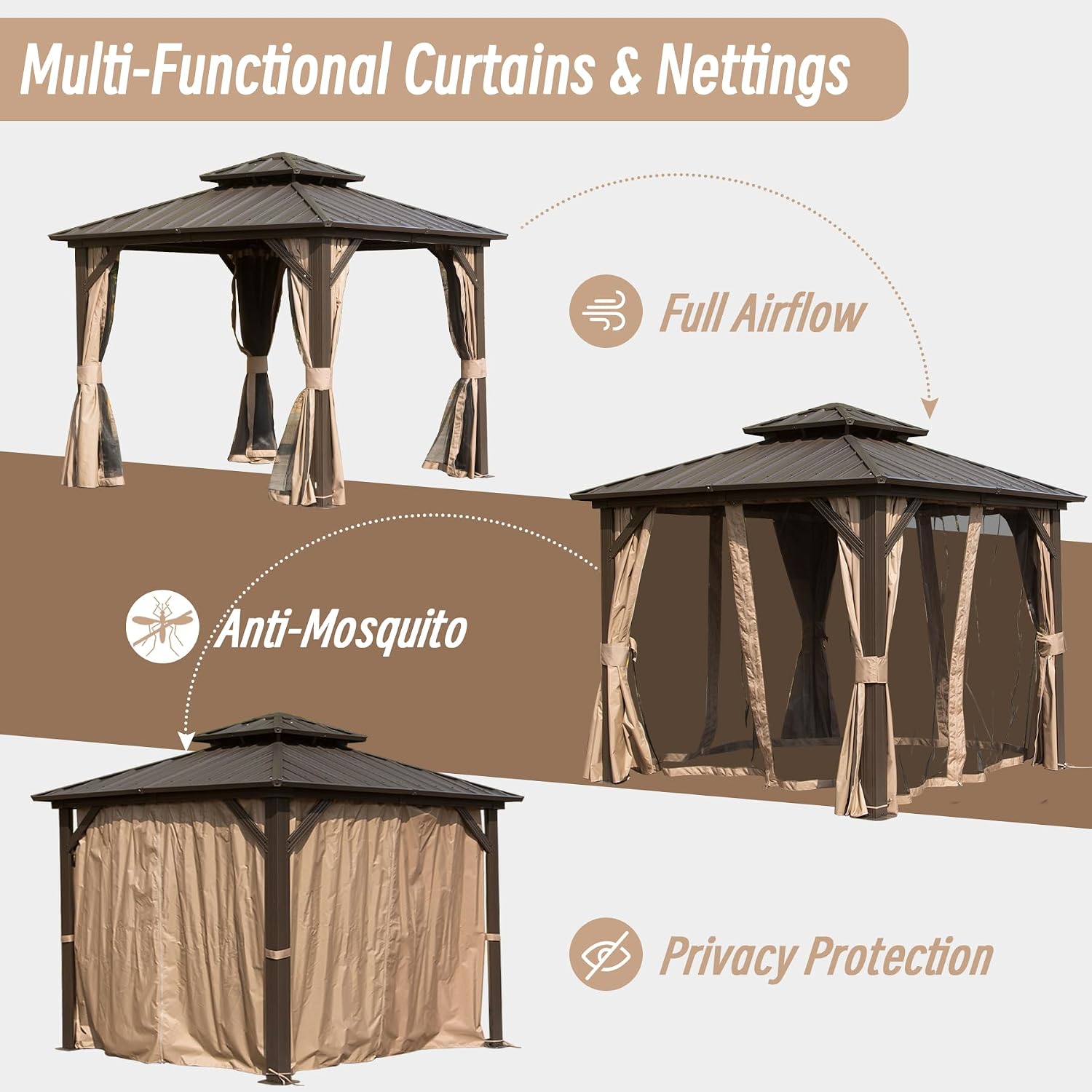 Domi 8' x 8' Hardtop Gazebo Permanent Metal Gazebo with Galvanized Steel Double Roof, Curtains and Netting for Party, Wedding, Outdoor Dining, Patio, Backyard, Brown