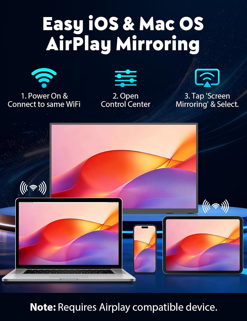18.5' True Wireless Portable Monitor, 1080P FHD, 10000mAh Battery, Wireless Screen Mirroring (AirPlay/Miracast), Auto Rotation for Phone/Tablet, USB‑C & Mini HDMI, VESA, Protective Sleeve Included